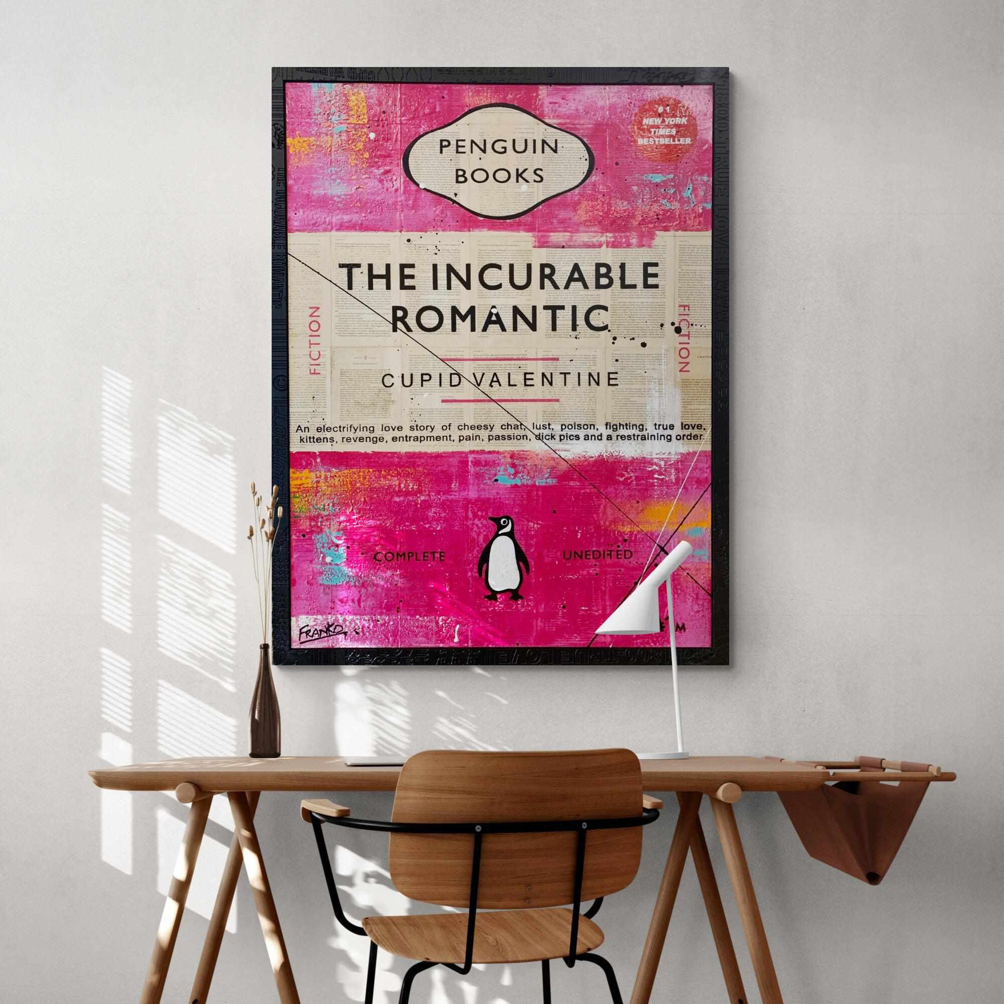 The Incurable Romantic - 75cm x 100cm Urban Pop Art Book Club Painting with Custom Etched Frame - Perfect for Living Room Decor, Bedroom Wall Art & Book Lover Gifts