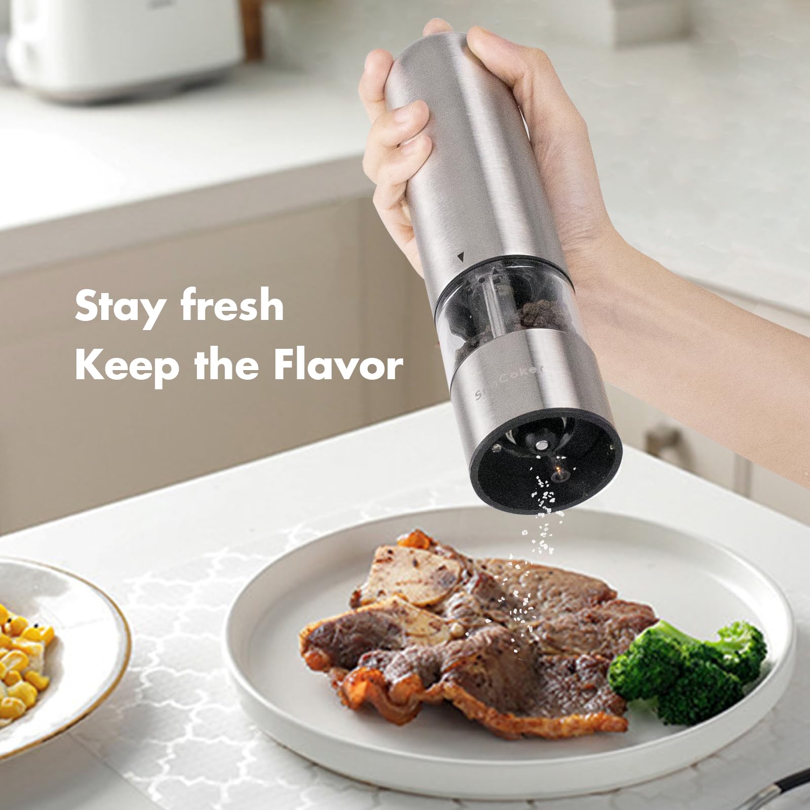 SimCoker Electric Pepper and Salt Grinder Set - Battery Powered Adjustable Coarseness, Automatic Spice Mill for Kitchen, BBQ, Restaurants & Home Cooking - Perfect for Seasoning Meats, Salads & Gourmet Dishes