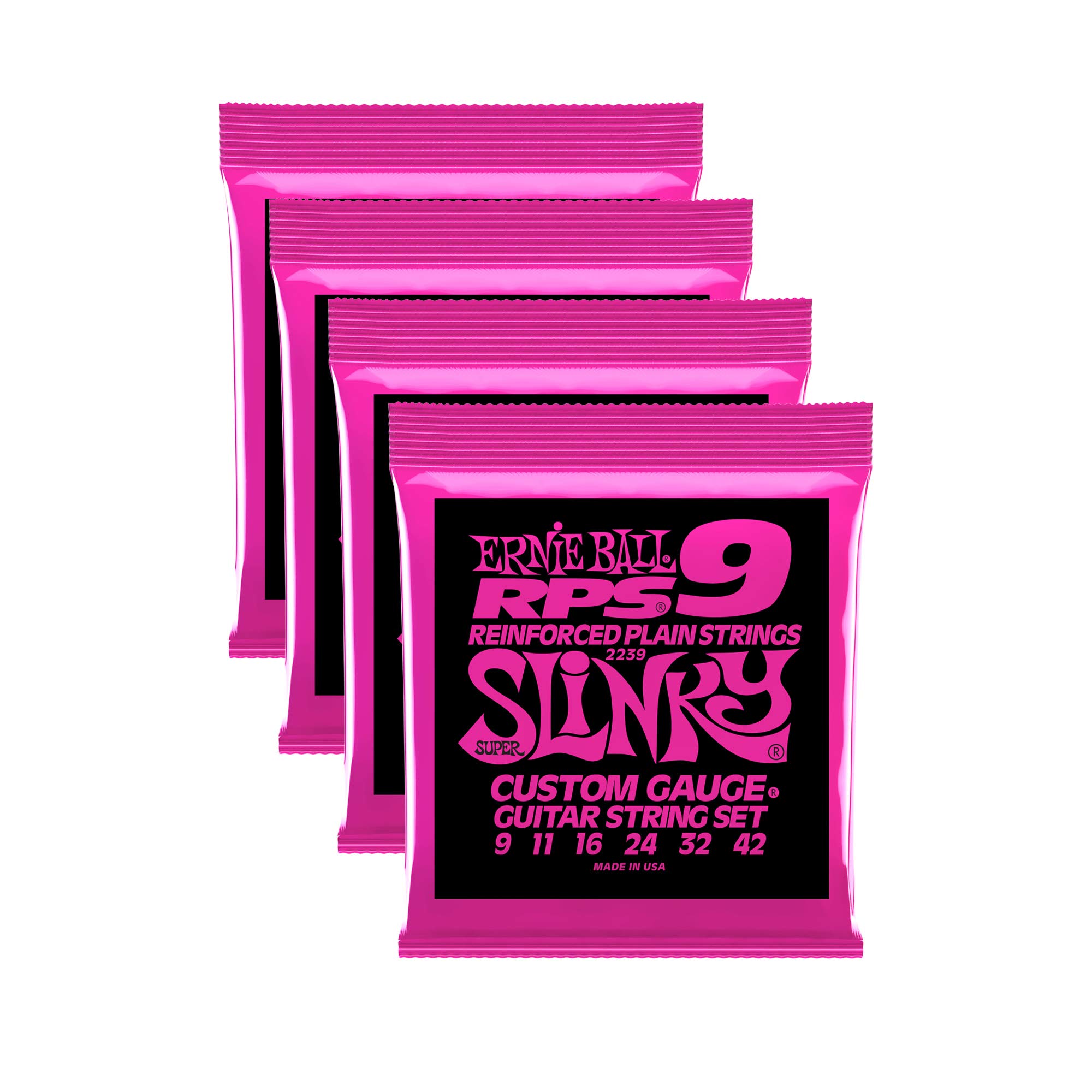 4-Pack Ernie Ball RPS Super Slinky Electric Guitar Strings 9-42 Gauge (P02239) - Perfect for Rock, Blues & Studio Recording