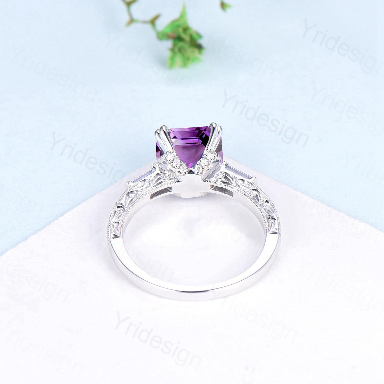 Hidden Halo Princess Amethyst Engagement Ring | Unique Asscher Cut Purple Gemstone Ring | 3 Stone Baguette February Birthstone Anniversary Ring | Perfect for Proposals, Valentine's Day & Special Occasions