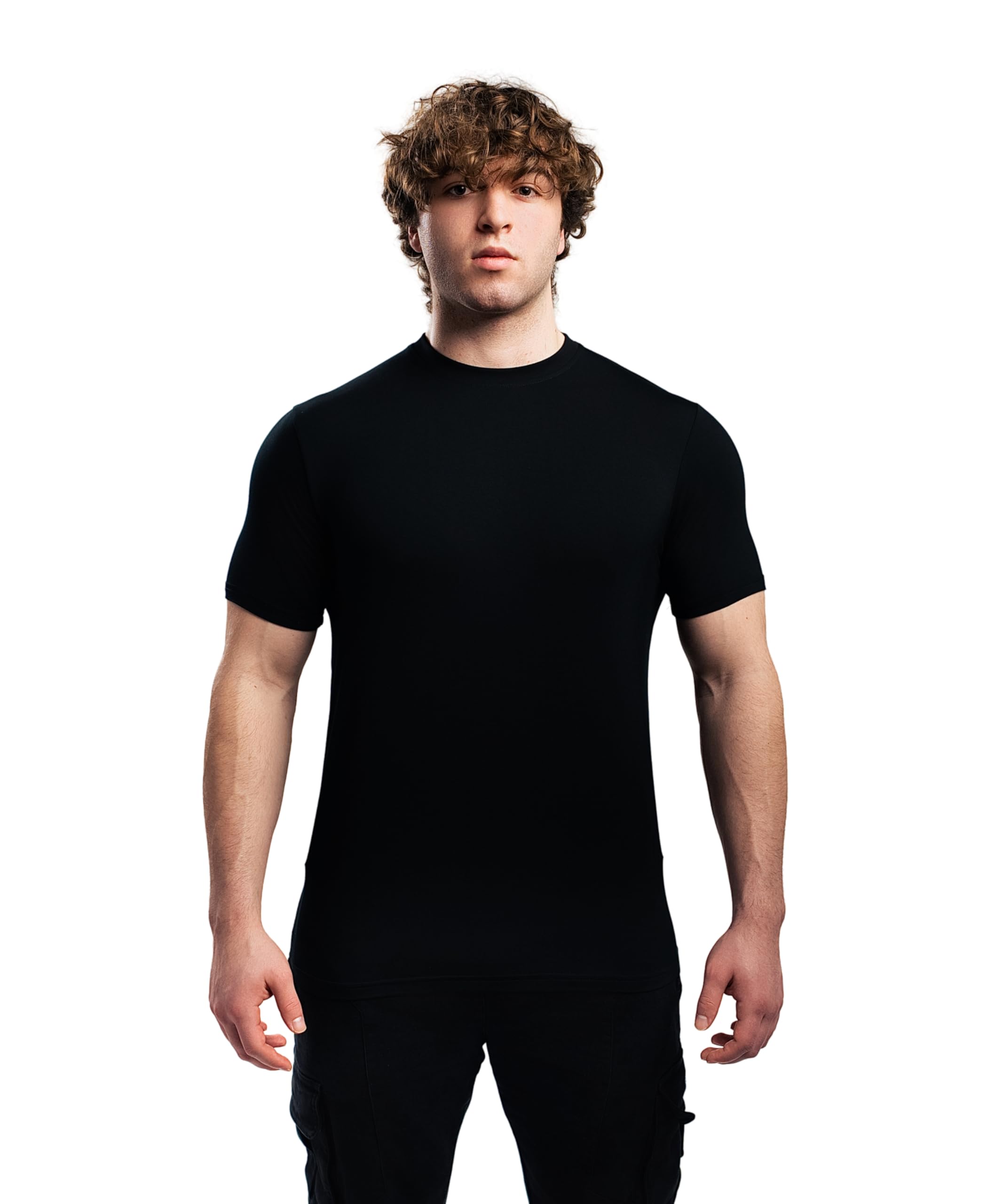Premium Men's Fitted Scoop Neck T-Shirt - Soft Cotton Spandex Blend, Breathable & Lightweight for Everyday Comfort - Made in USA - Large Size - Black - Perfect for Casual Wear, Gym & Lounge