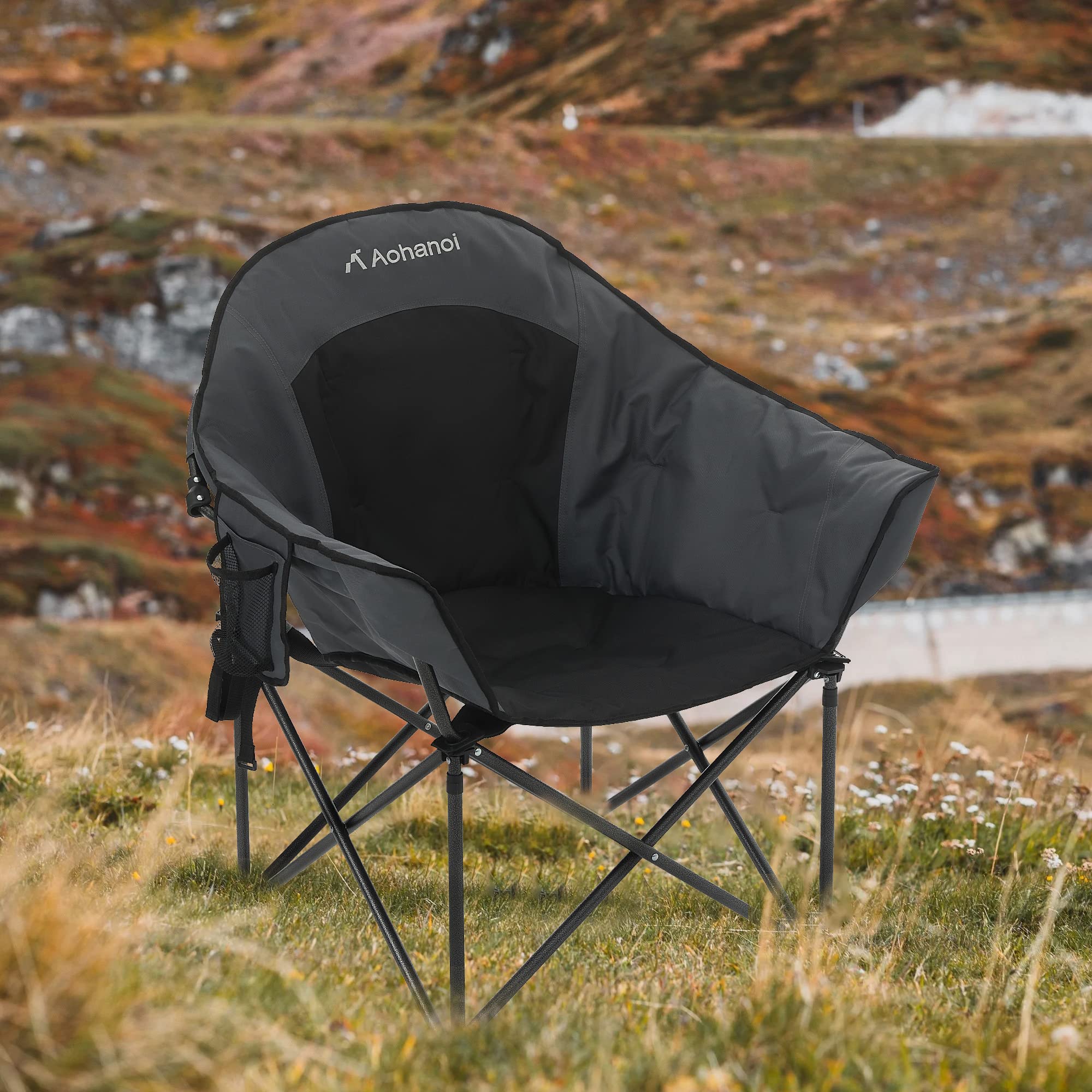 Extra Wide Heavy Duty Camping Chair for Adults - 350lbs Weight Capacity, Oversized Padded Folding Moon Chair for Outdoor, Lawn, Beach & Backyard Relaxation - Perfect for Camping, Picnics & Tailgating (Black)