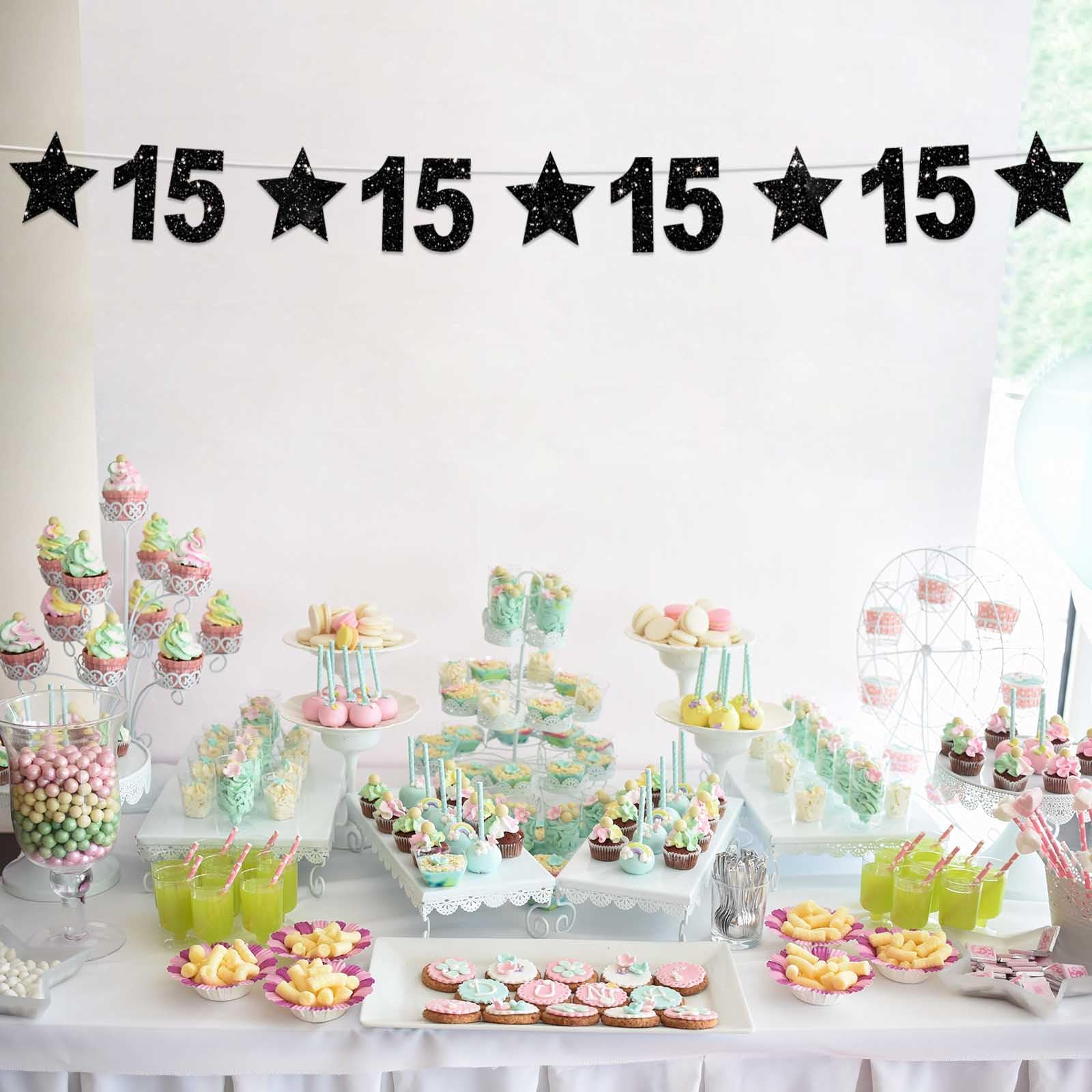 15th Birthday Decorations - Glitter Black Star Banner, Shiny Bright Backdrop for Party, Home, Classroom | Cheers to 15 Years Theme | Perfect for Birthday Celebrations, Festivals & Wall Decor