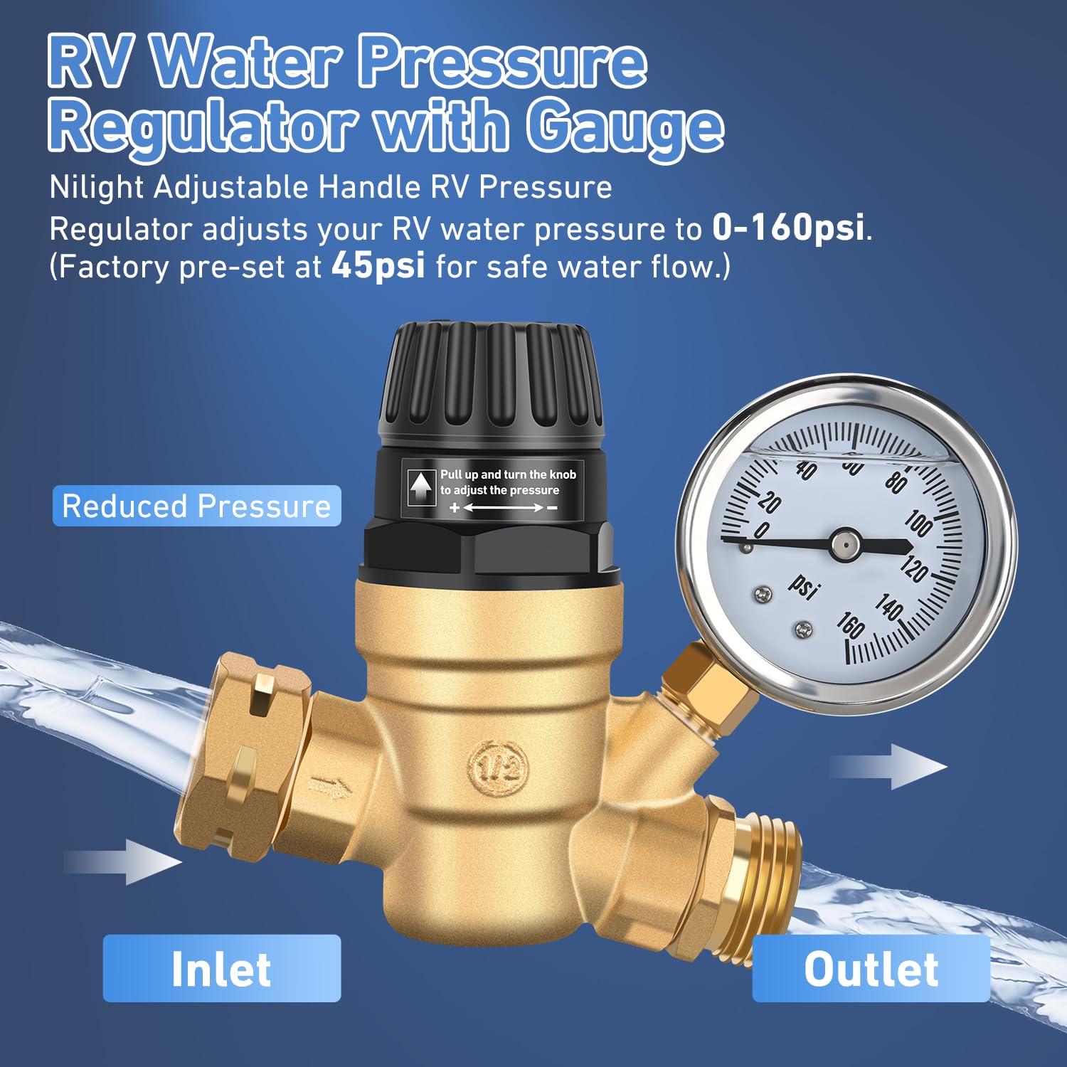 RV Water Pressure Regulator with Handwheel Adjustment - 40-60 PSI Adjustable, Compatible with Camper, Travel Trailer & Motorhome - Perfect for Outdoor Camping & RV Plumbing System Maintenance