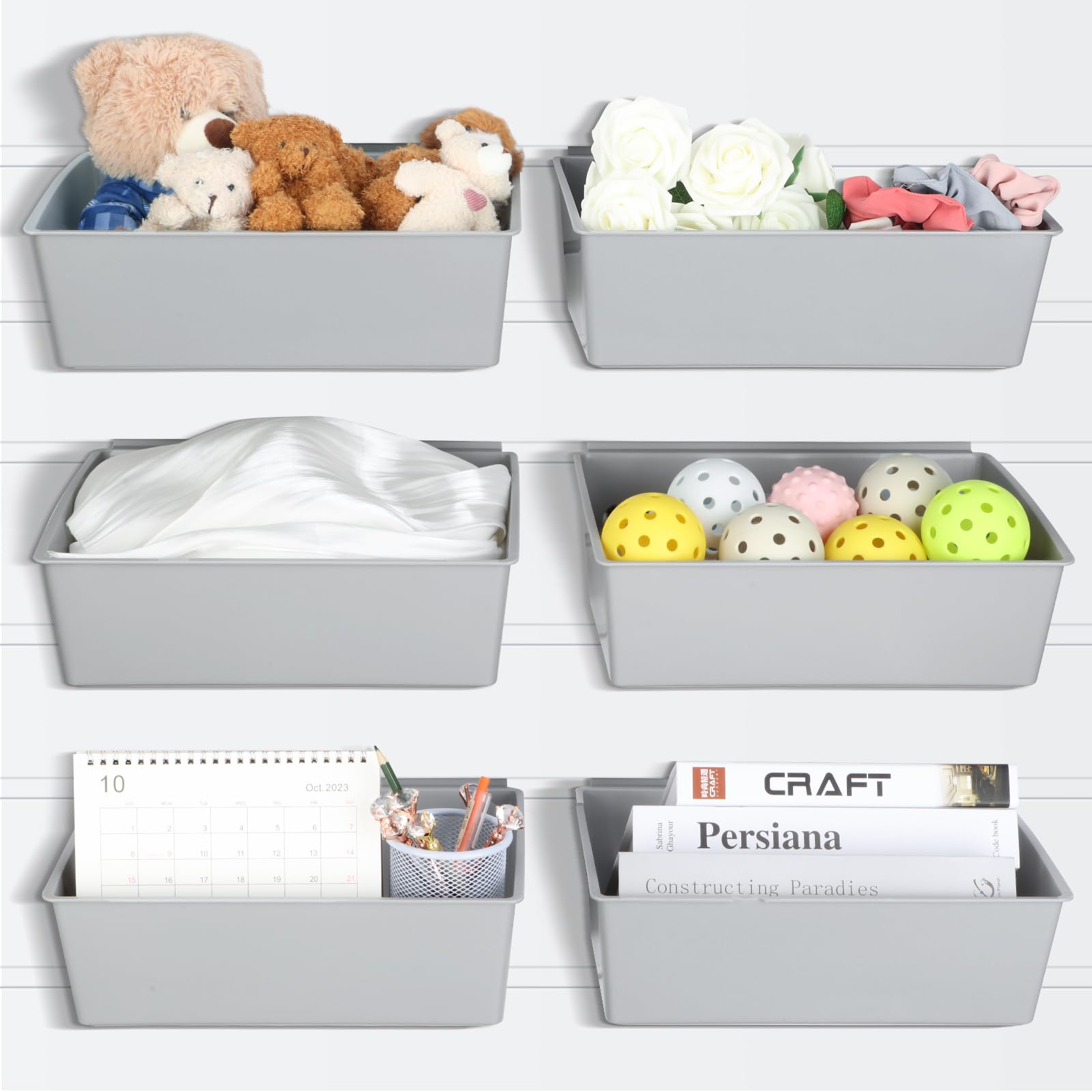 6 Pack Large Slat Wall Bins - 13x9.7x4.3 Inch PVC Slatwall Containers, Stackable Plastic Storage Bins for Garage Organization, Hardware & Tool Storage (Grey) - Perfect for Workshop, Retail Display & Home Closet Organization
