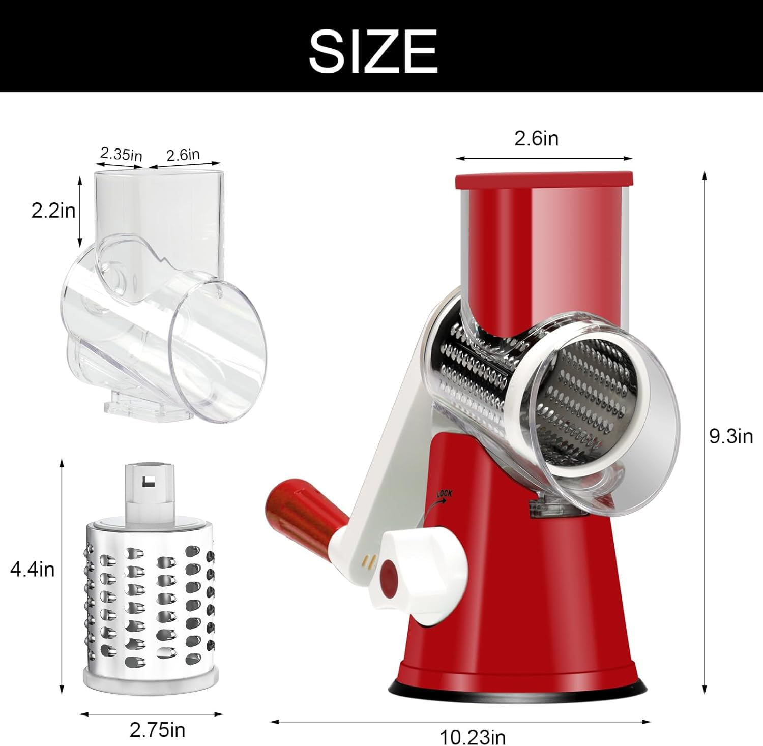 Premium Rotary Cheese Grater - Hand Crank Shredder for Cheese, Vegetables & Nuts | Non-Slip Suction Base | Includes 3 Blades & Free Cleaning Brush (Red) | Perfect for Kitchen, Pizza, Pasta & Salad Prep