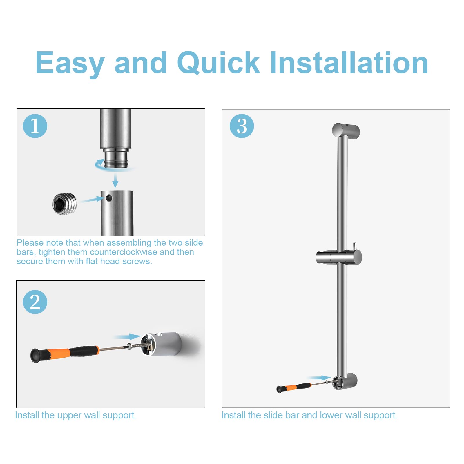 OFFO Adjustable Shower Riser Rail - 62cm Wall Mounted Shower Rail with Handheld Shower Head Holder, Chrome Finish (28-61cm Extension) - Perfect for Bathroom Renovation & Handicap Accessibility