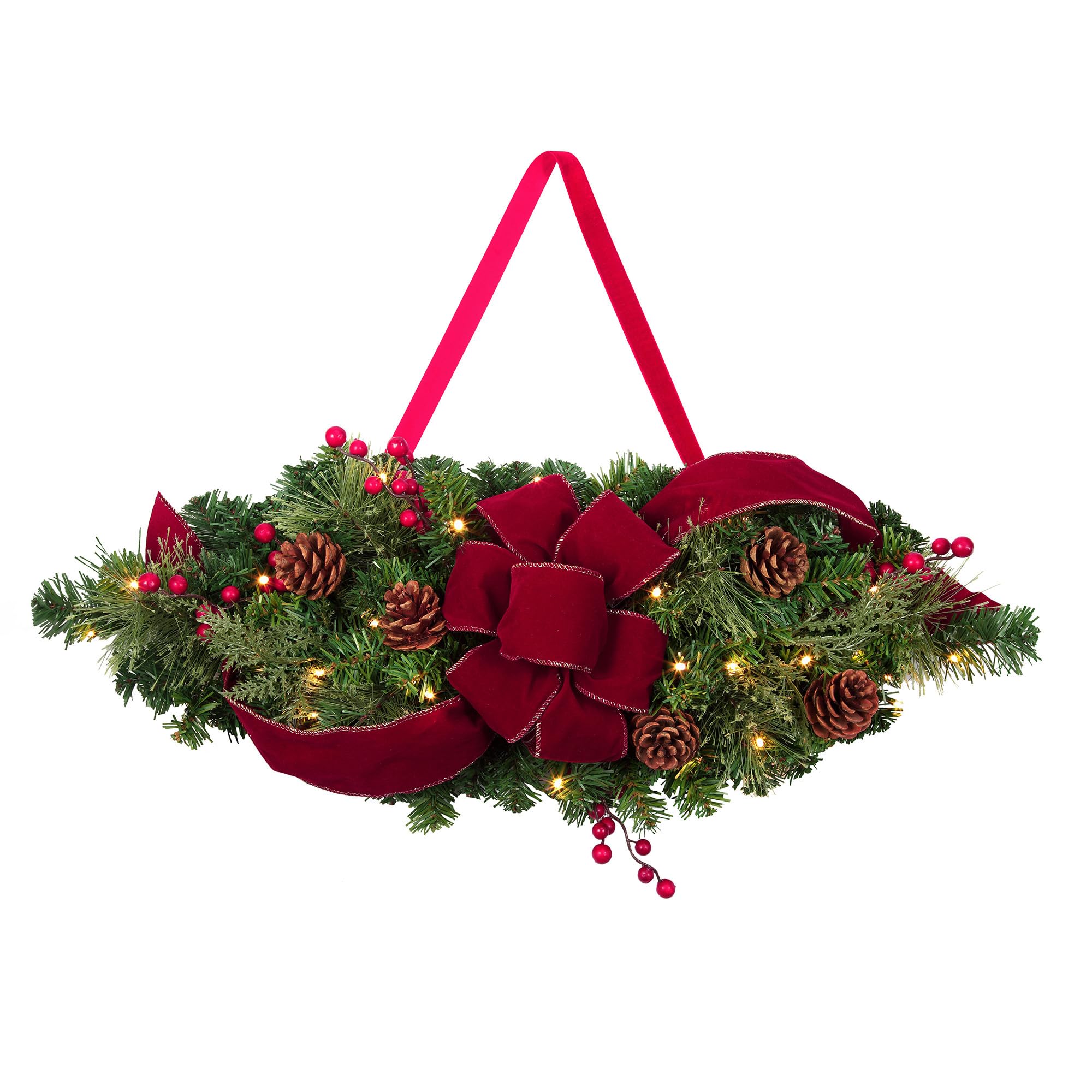 Haute Decor 28-Inch Wide Pre-Lit Holiday Window Swag with Energy-Efficient LED Lights - Battery Operated Timer & Auto On/Off - Perfect for Christmas Decor, Fireplace Mantel & Front Door Wreath