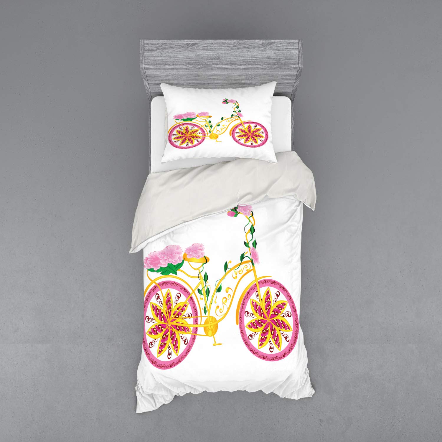 Ambesonne Bicycle Bedding Set - Twin XL 3-Piece Duvet Cover with Sham & Fitted Sheet, Pink Yellow Hippie Floral Bike Design - Perfect for Cycling Enthusiasts' Bedrooms & Bohemian Decor