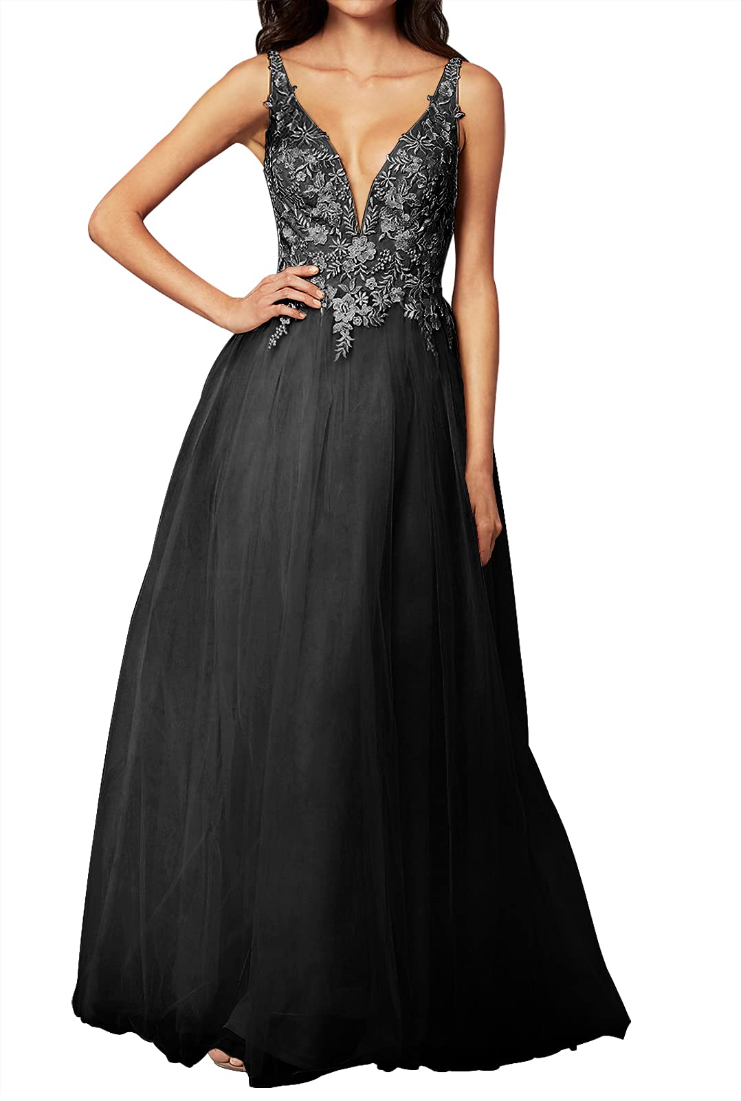 Elegant Lace V-Neck Prom Dress | Formal Evening Gown with Tulle Skirt | Perfect for Homecoming, Prom Night & Special Occasions