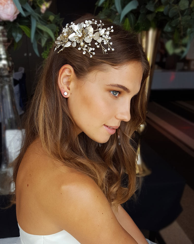 Elegant Silvery Gold Flower Comb Bridal Headpiece - Josie Johnny B Collection at Kezani | Perfect for Weddings, Prom & Special Occasions