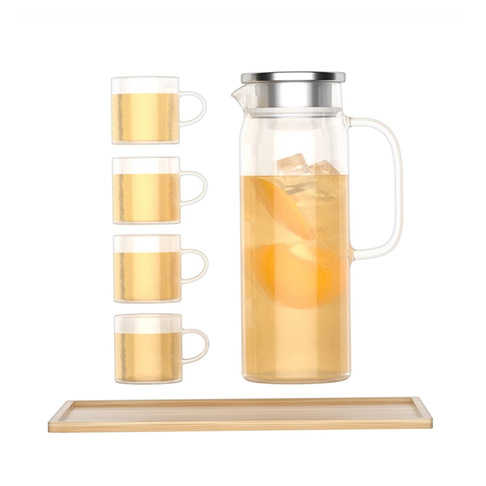 Heat-Resistant Glass Water Pitcher - 1.5L Large Capacity Cold Water Bottle & Teapot with 4 Cups & Tray Holder - Perfect for Iced Tea, Lemonade & Summer Beverages at Home, Office or Outdoor Gatherings