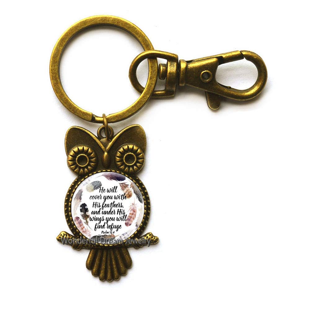 Psalm 91:4 Owl Keychain - Bible Verse Jewelry Gift for Christians (Brass) - Prayer & Daily Inspiration