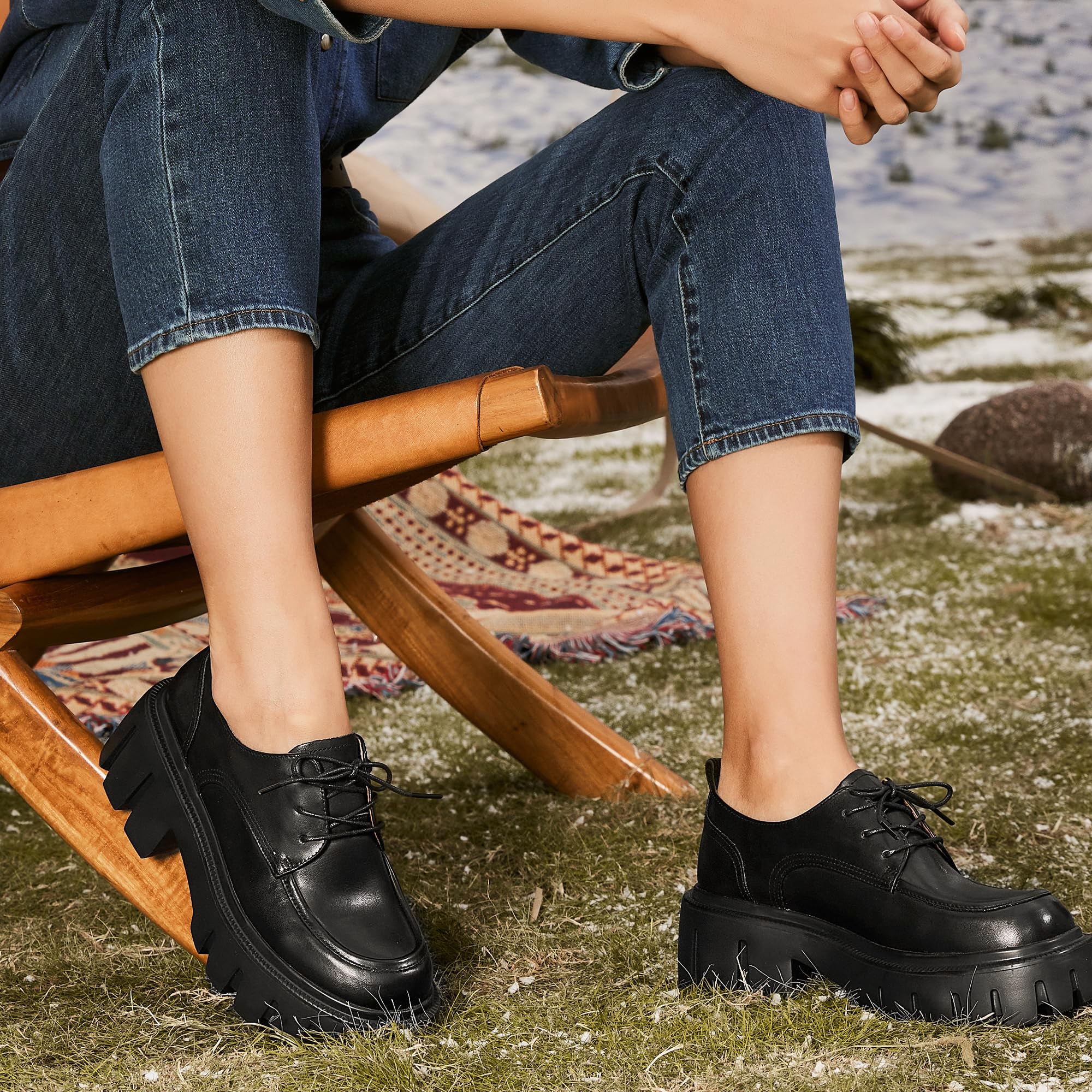 BEAU TODAY Women's Chunky Leather Lace-Up Oxford Shoes - Comfortable Platform Office Dress Shoes for Business, Work & Casual Wear | Perfect for Professional Outfits, Daily Commutes & Smart Casual Occasions