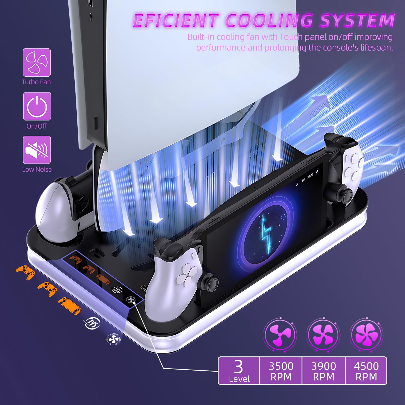 AriKroii PS5/PS5 Slim Cooling Station with Charging Dock - 3-Level Cooling Fan & Triple Device Charger for PS5 Console and PS Portal - Perfect for Gaming Setup and Multi-Device Charging Station
