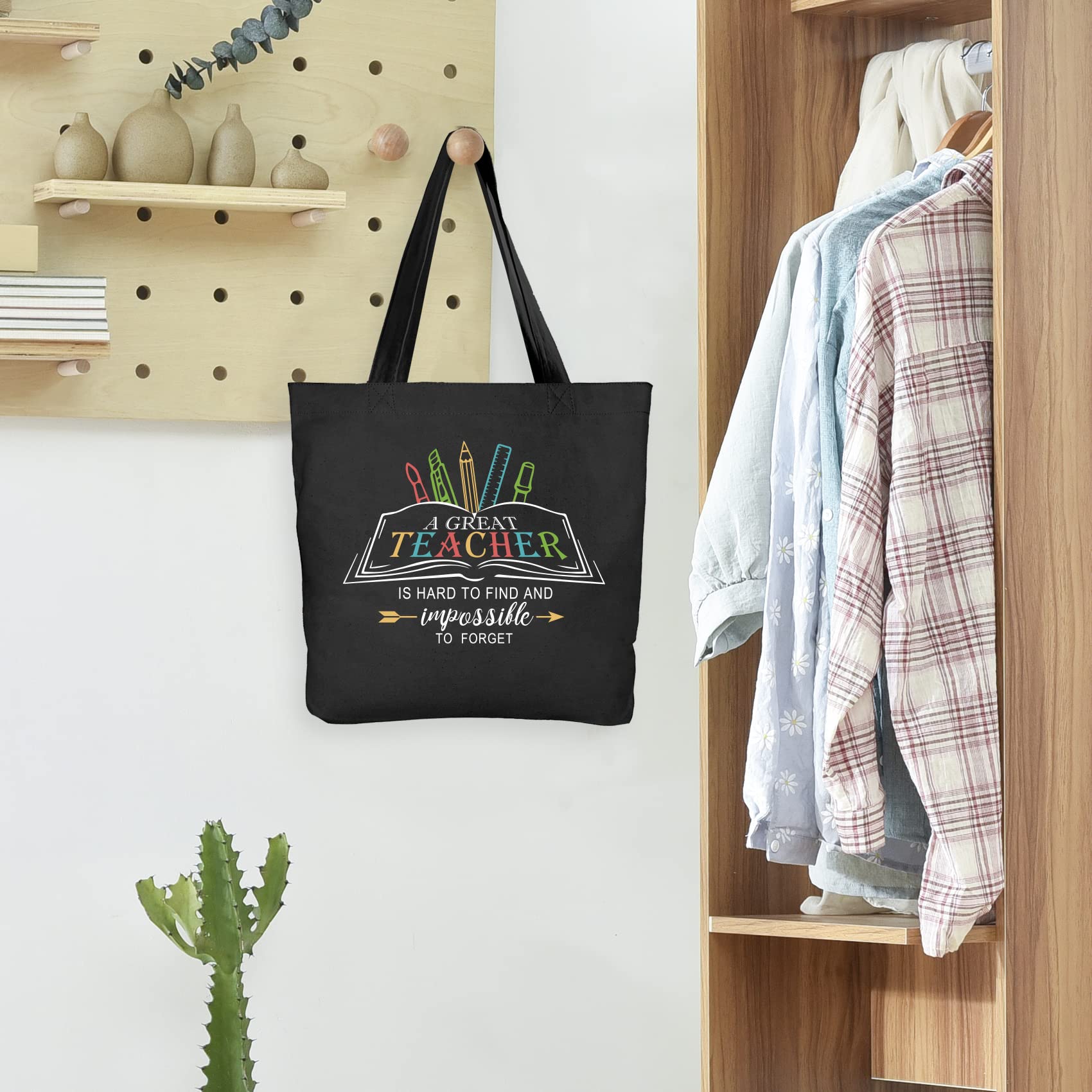 Best Teacher Appreciation Gifts - Premium Canvas Tote Bag for Women with Pockets - Perfect for Graduation, Birthday, Christmas & Thanksgiving - Black Elegant Teacher Bag for Everyday Use, School & Shopping