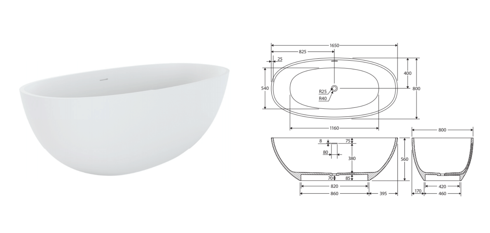 Fienza ST28 1650mm Freestanding Stone Bathtub - Matte White Finish | Luxurious Soaking Tub for Spa-Like Bathroom Retreat