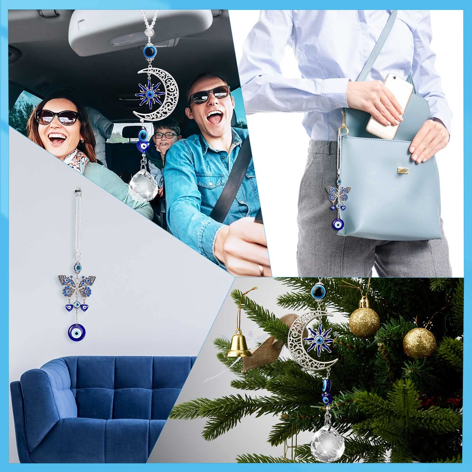 2 Pack Evil Eye Car Hanging Ornament - Blue Evil Eye Protection Charm for Rearview Mirror, Stylish Moon & Butterfly Car Pendant Decor - Perfect for Car Windows, Home Doors & Good Luck Gift