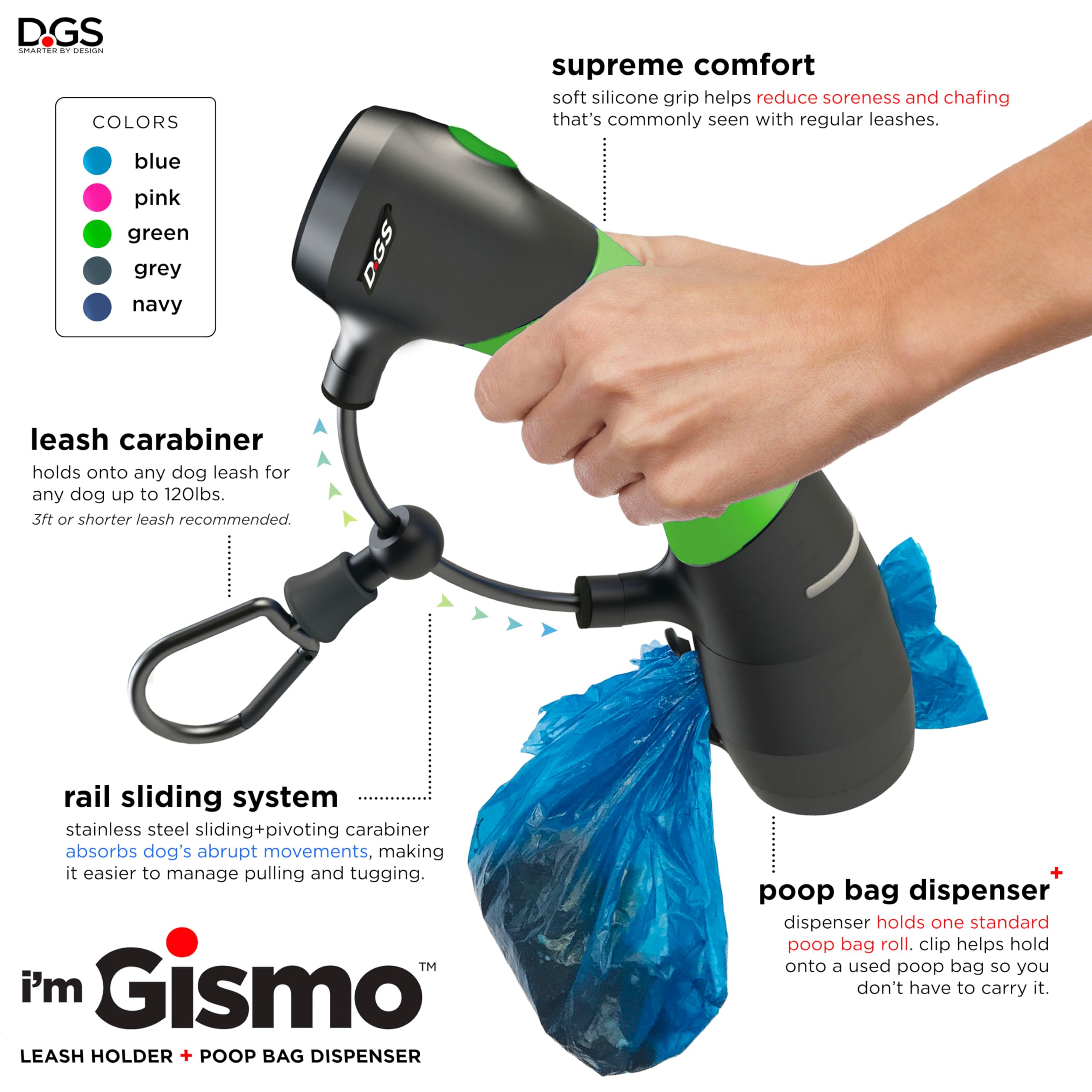 Dog Gone Smart Pet Products I'm Gismo Expandable Dog Leash with Poop Bag Dispenser - Patented Rail System for Smooth, Safe Walks | Perfect for Small, Medium & Large Dogs on Daily Walks, Park Visits & Outdoor Adventures