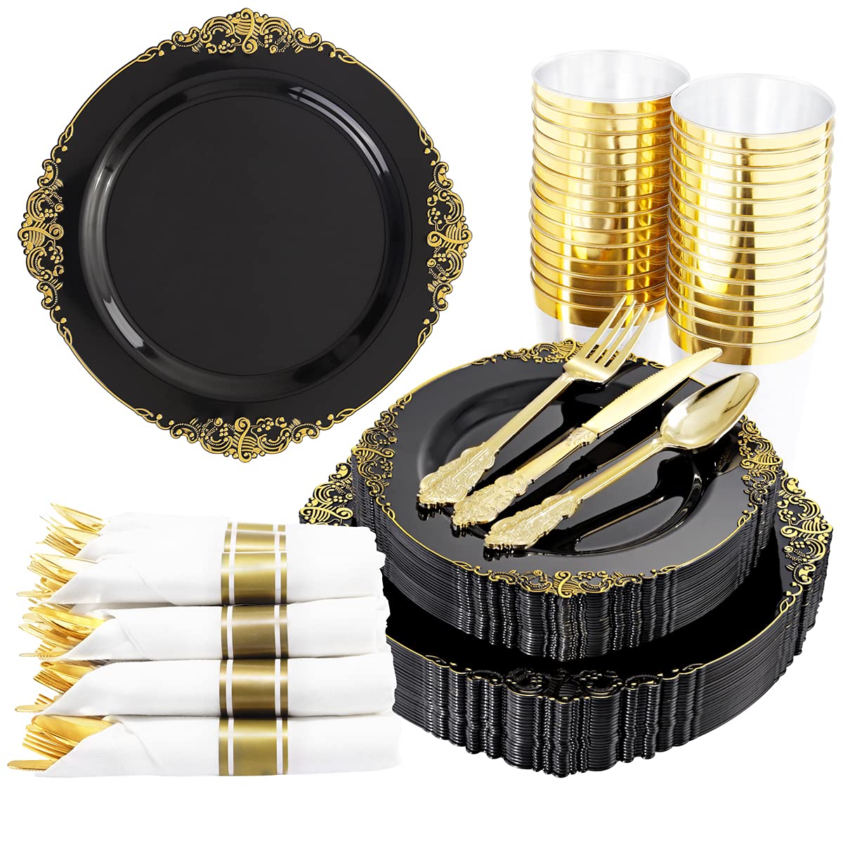 Hioasis 350-Piece Black and Gold Plastic Dinnerware Set - 50 10.25
