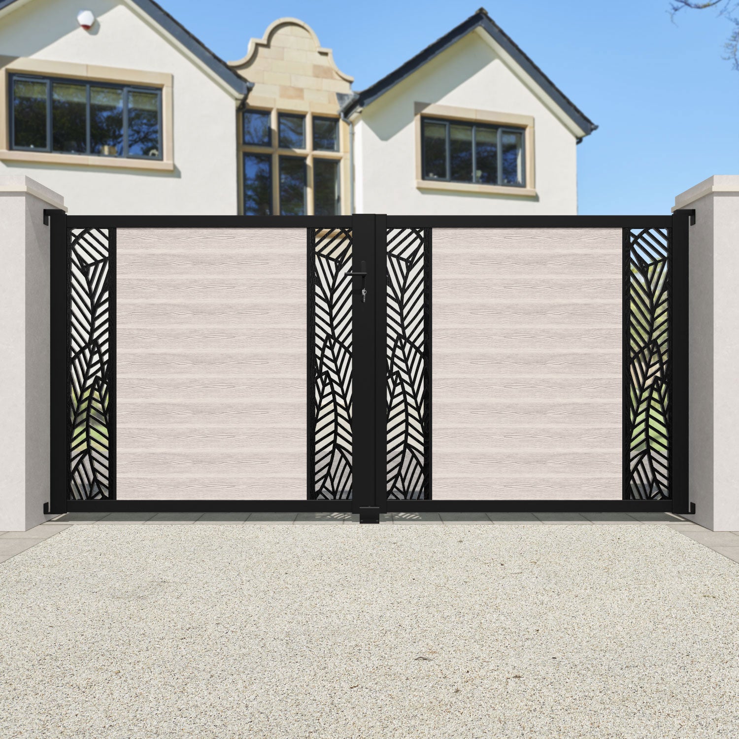 Classic Straight Top Driveway Gate - Mid Stone Design with Middle & End Screen | Durable & Stylish Driveway Entrance Solution for Homes & Commercial Properties