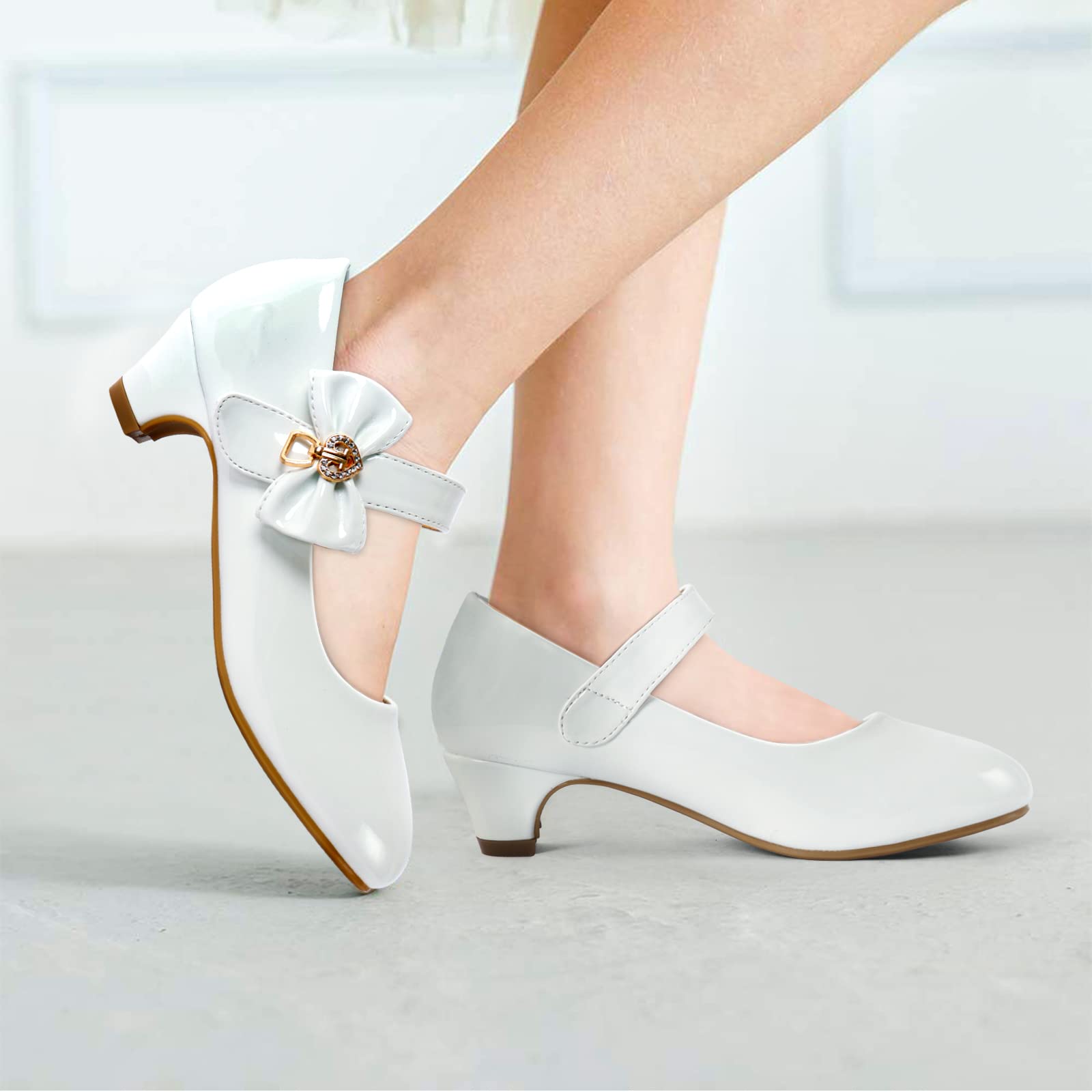 ADAMUMU Girls Low Heel Dress Shoes for Wedding - PU Leather Comfortable Party Shoes for Little & Big Kids - Perfect for Flower Girl, Pageant, and Special Occasions