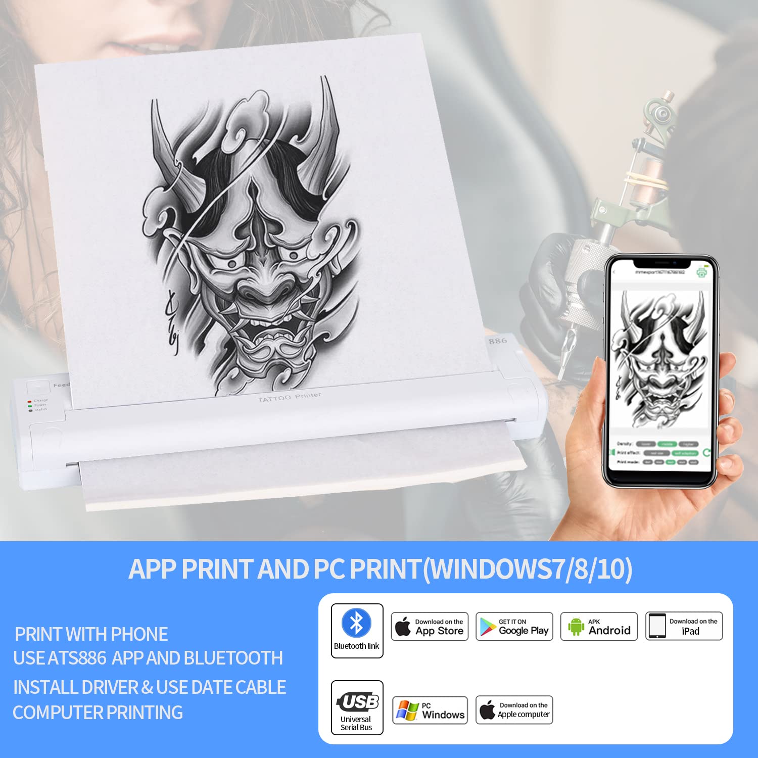 Wireless Tattoo Stencil Machine - Rechargeable Inkless Bluetooth Tattoo Printer with 15 Sheets Transfer Paper for Permanent & Temporary Tattoos, iOS Compatible - Perfect for Tattoo Artists & DIY Enthusiasts at Home or Studio