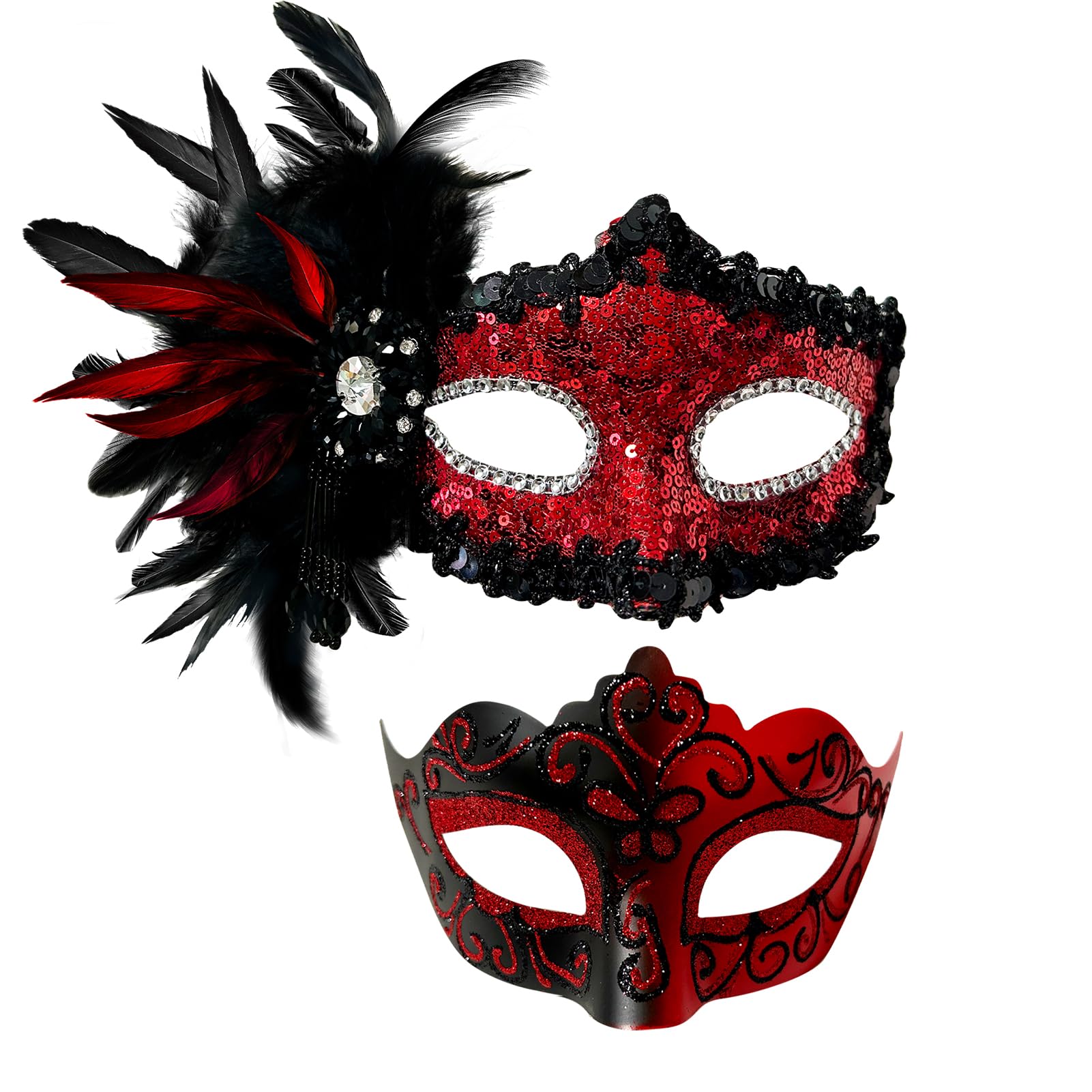 2025 New Feather Masquerade Mask for Women & Men - Elegant Couple Costume Accessory for Halloween, Mardi Gras, Ball Parties and Cosplay Events