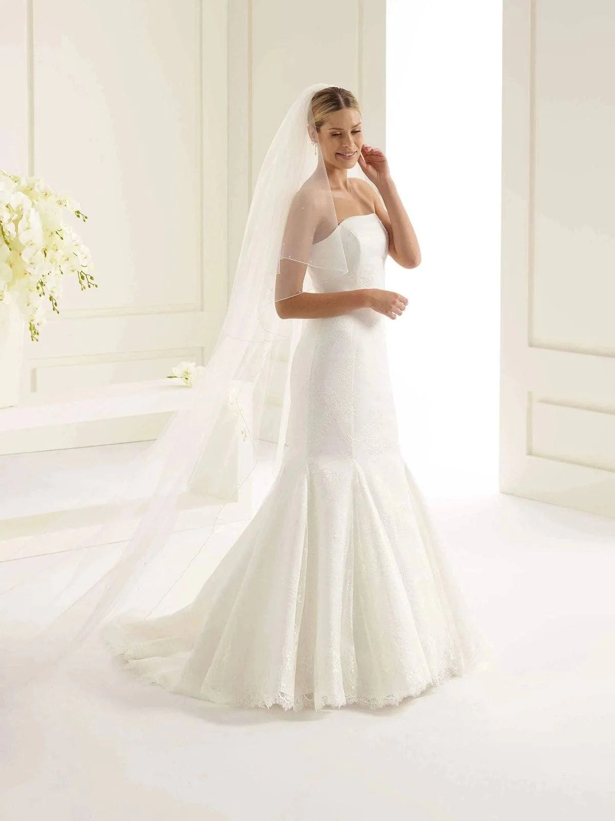 Elegant Cathedral Length Two-Tier Wedding Veil with Corded Edge & Crystal Embellishments - Ivory Tulle Bridal Accessory for Formal Weddings & Photoshoots