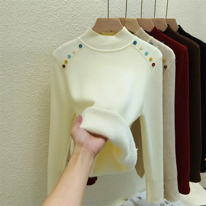 Women's Solid Color Velvet Button Sweater - Korean Fashion Warm Knitwear Long Sleeve Pullover Top for Autumn Winter | Cozy Thick Festival Wear for Holiday Parties & Casual Outings