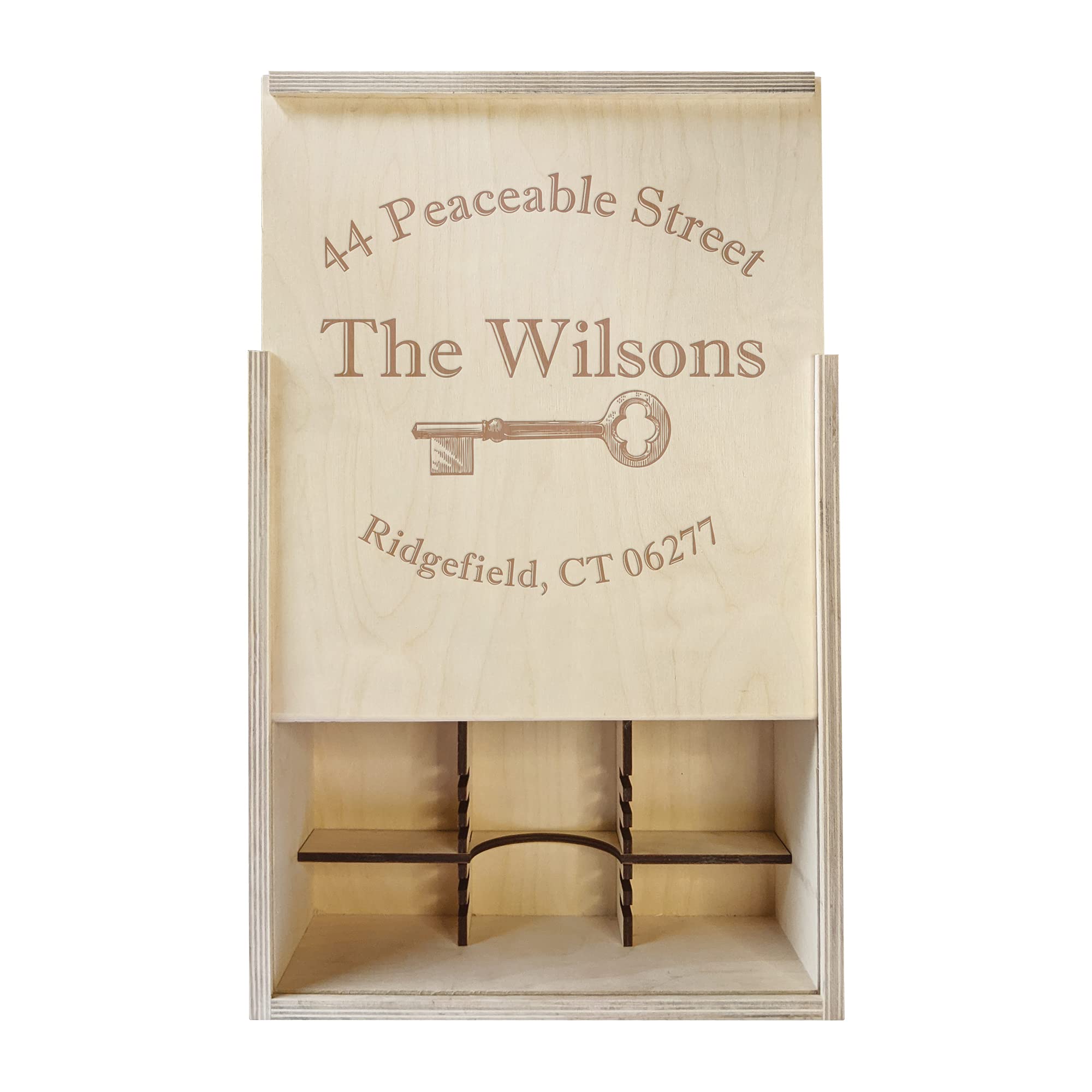 Personalized Engraved Wooden Wine Gift Box with Homeowner Key - Natural Finish - Perfect for Housewarming, Anniversary & Wedding Gifts