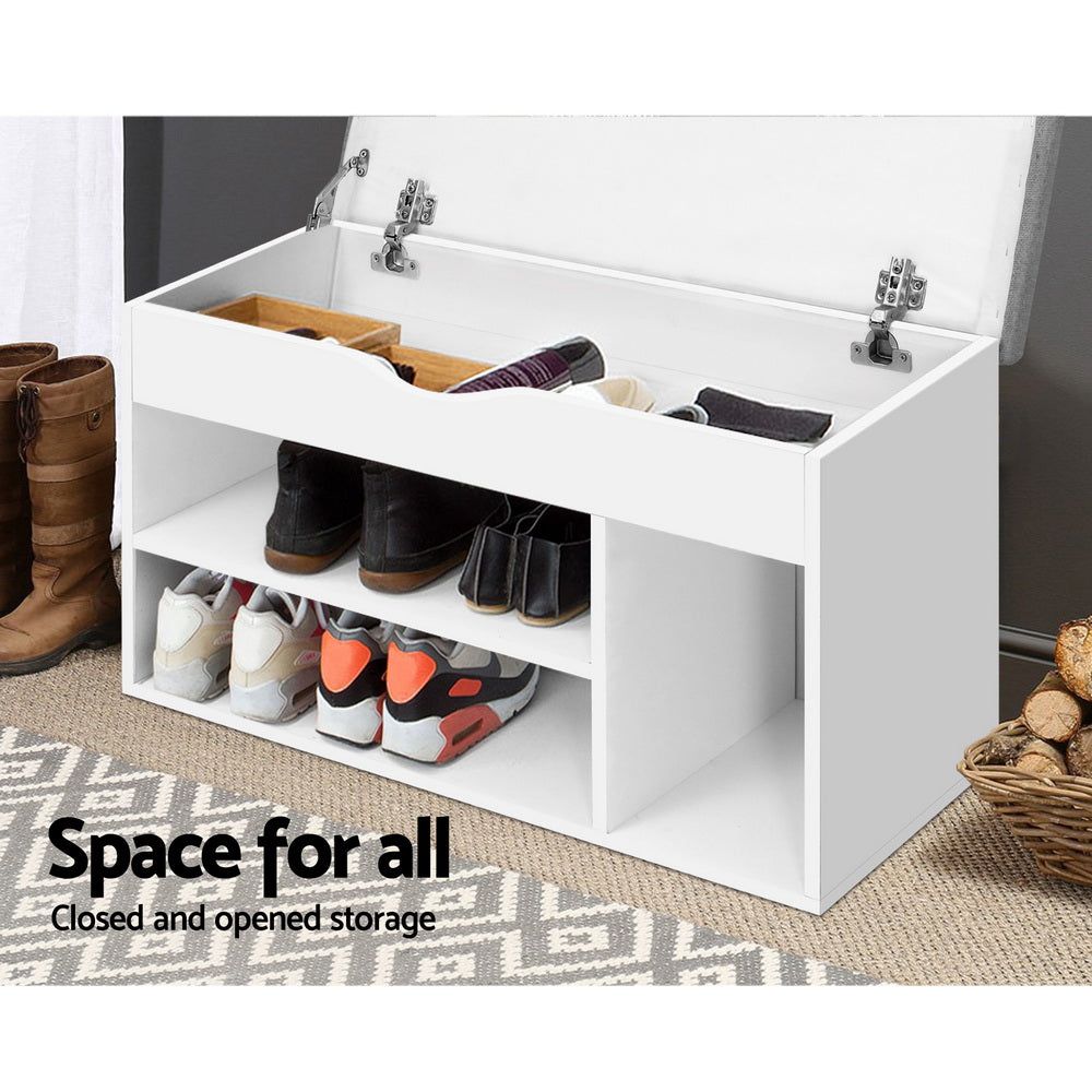 White Shoe Cabinet Bench with Storage Shelf - Shoe Organizer Rack for Entryway, Hallway & Closet - Space Saving Shoe Storage Cupboard Box
