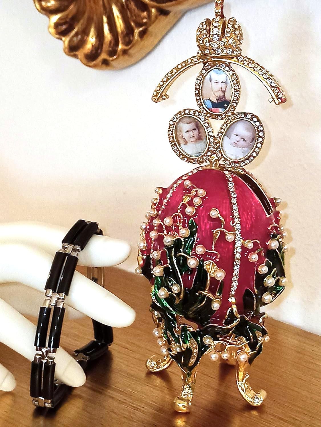 Handmade Imperial Faberge Egg Style Jewelry Box & Bracelet Set - 24K Gold Plated Austrian Crystal Diamond Decor, Luxury Gift for Men (Ruby Red) - Perfect for Birthday, Christmas, Anniversary & Special Occasion Gifts
