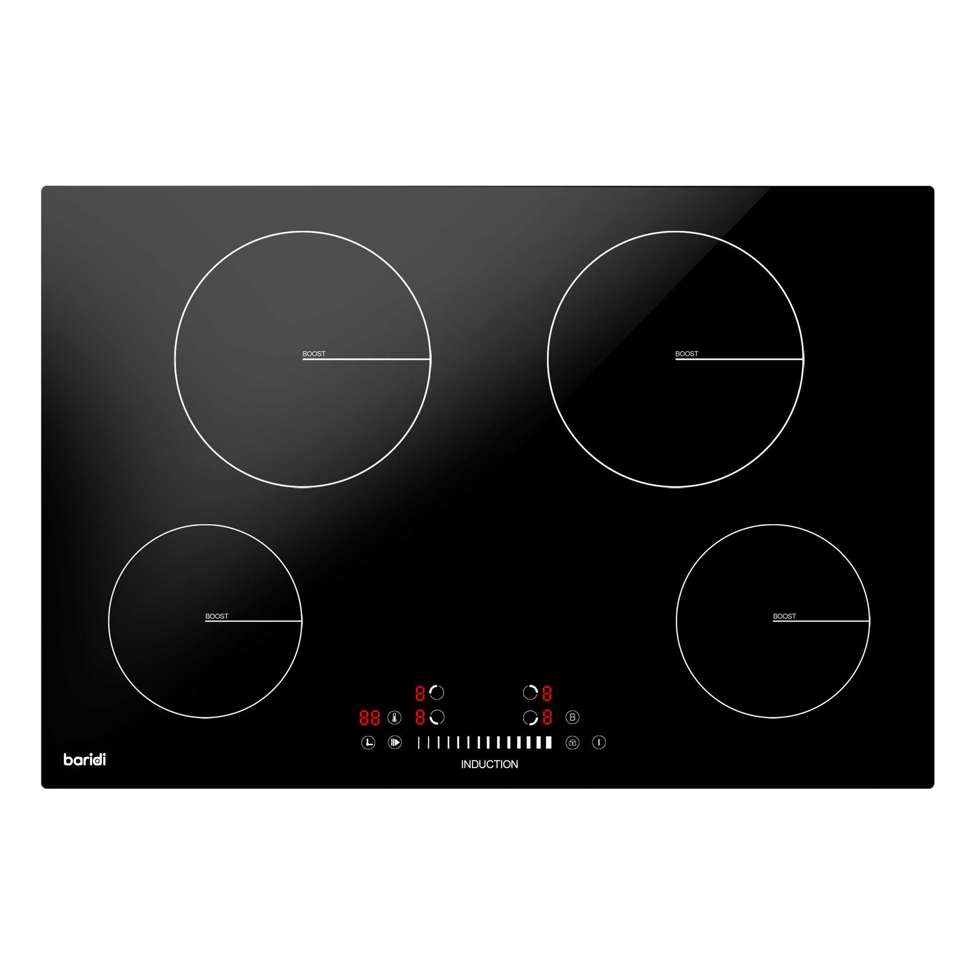 Baridi 77cm Induction Cooktop with 4 Cooking Zones, 7200W Power, Boost Function & 9 Heat Settings - Touch Control for Fast, Precise Cooking - Perfect for Home Kitchens, Restaurants & Outdoor Catering