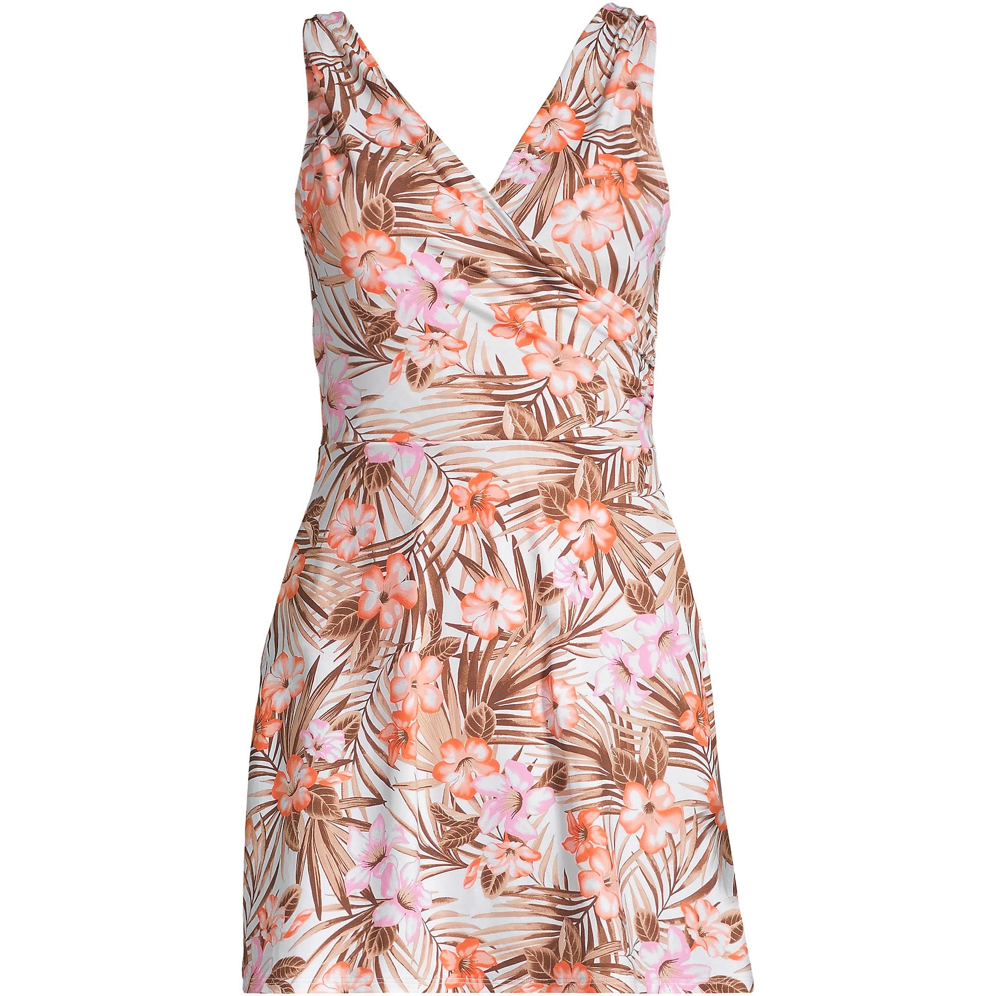 Lands' End Women's Chlorine Resistant Surplice Swim Dress - Control White Tropic Palm - Size 8 - Perfect for Beach Vacations & Poolside Relaxation