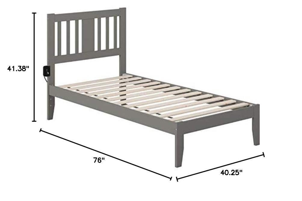 BOWERY HILL Transitional Wood Twin Spindle Bed Frame with USB Turbo Charger - Gray Finish | Modern Bedroom Furniture for Small Spaces & Guest Rooms