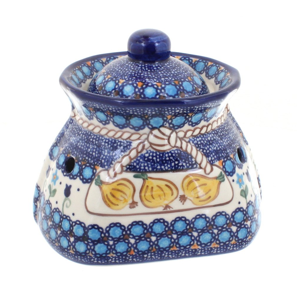 Blue Rose Polish Pottery Savannah Small Garlic Keeper - Handmade Ceramic Garlic Storage Container for Kitchen, Pantry & Dining Room Decor
