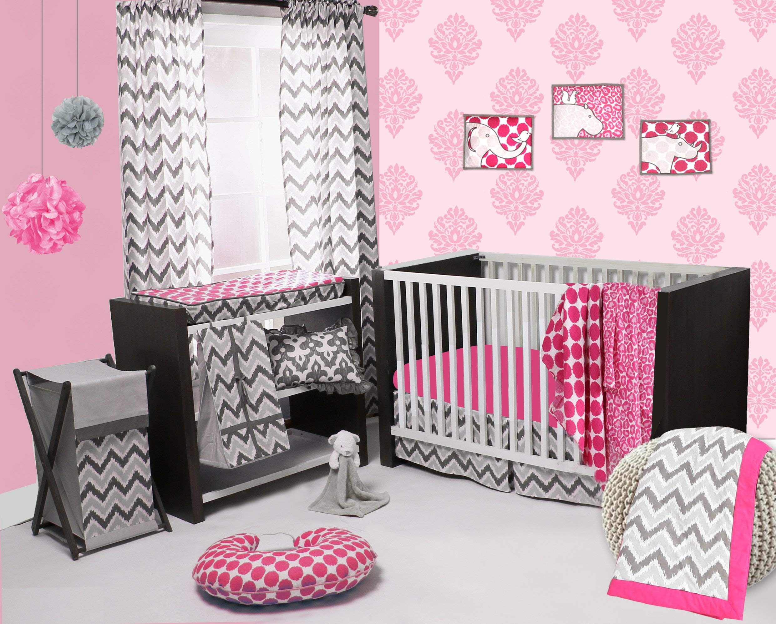 Bacati Ikat Pink and Grey 4-Piece Crib Bedding Set with 2 Muslin Blankets, Crib Skirt & Fitted Sheet - Soft Nursery Essentials for Baby Girls & Boys | Perfect for Newborns, Infant Cribs & Nursery Decor