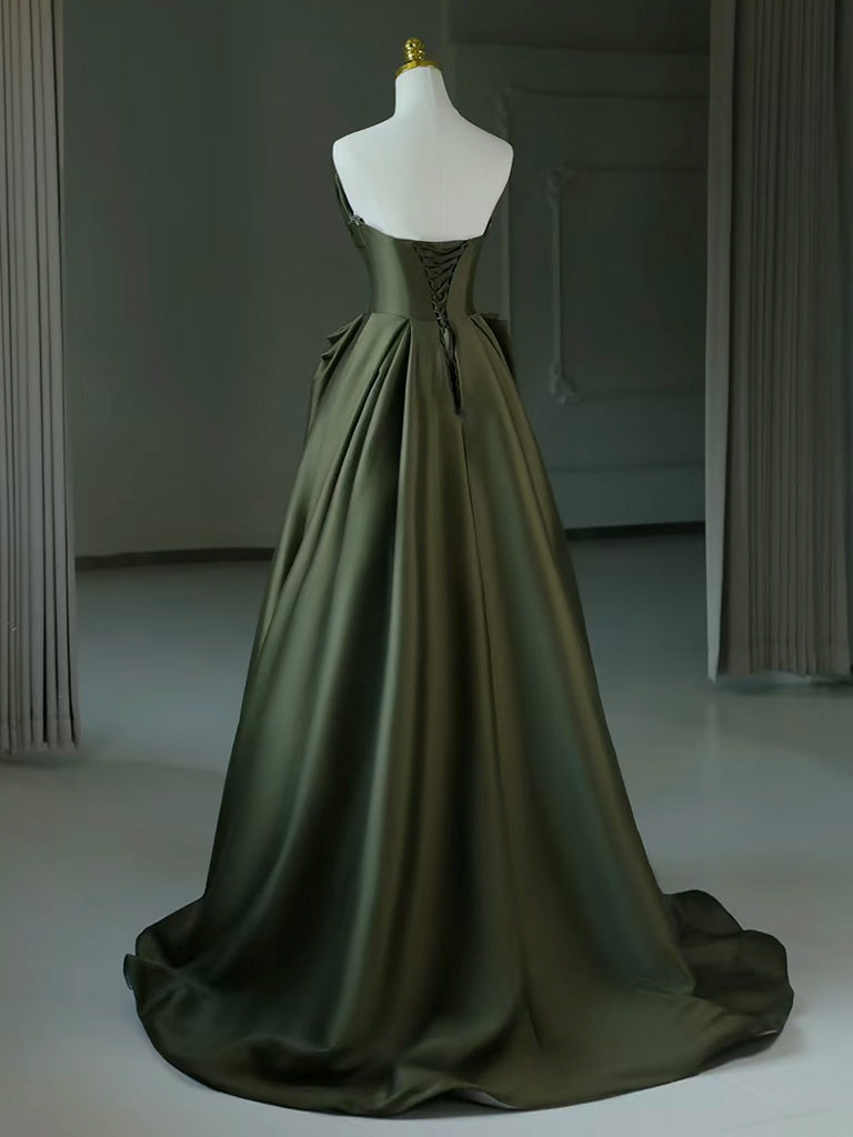 Elegant A-Line V-Neck Satin Green Long Prom Dress | Formal Evening Gown for Women | Perfect for Homecoming, Ball, Wedding & Special Occasions
