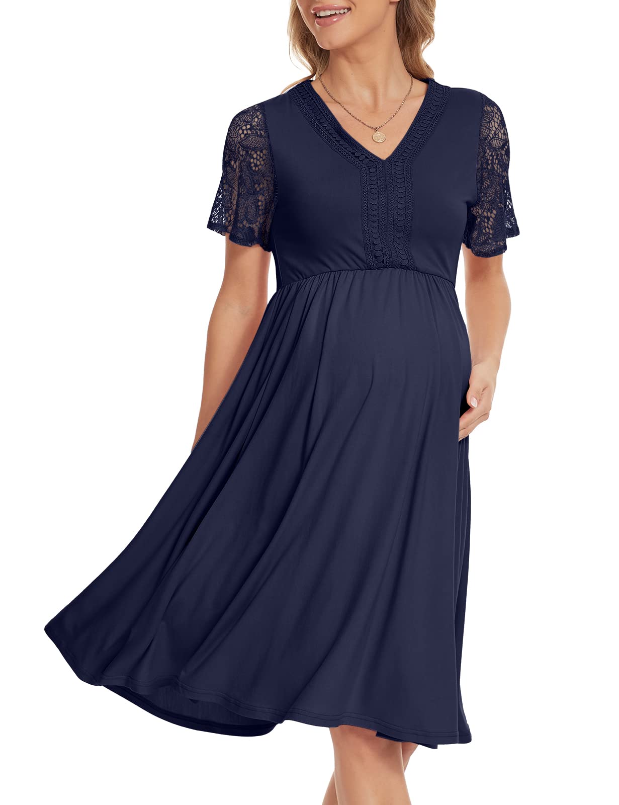 Boho Lace V-Neck Maternity Dress - Short Sleeve Flowy Midi Dress for Baby Shower, Photoshoot & Pregnancy Photos | Comfortable Nursing Dress for Moms-to-Be