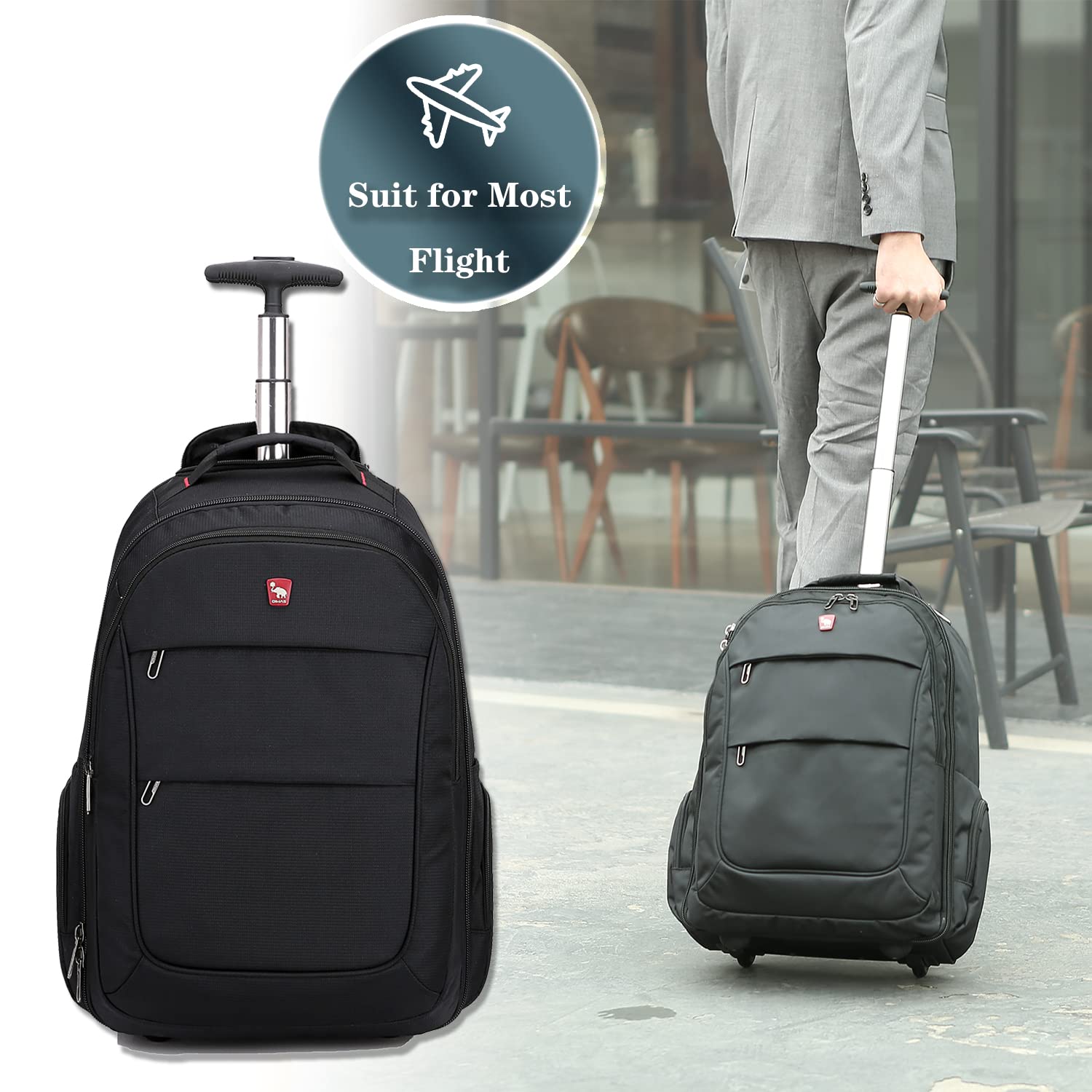 OIWAS 17.3 Inch Large Rolling Backpack with Wheels - Travel Carry On Luggage, Laptop Roller Backpack for Business & School, Durable Computer Bag Trolley Suitcase for Men & Women (Black) - Perfect for Air Travel, Commuting & College Campus Use