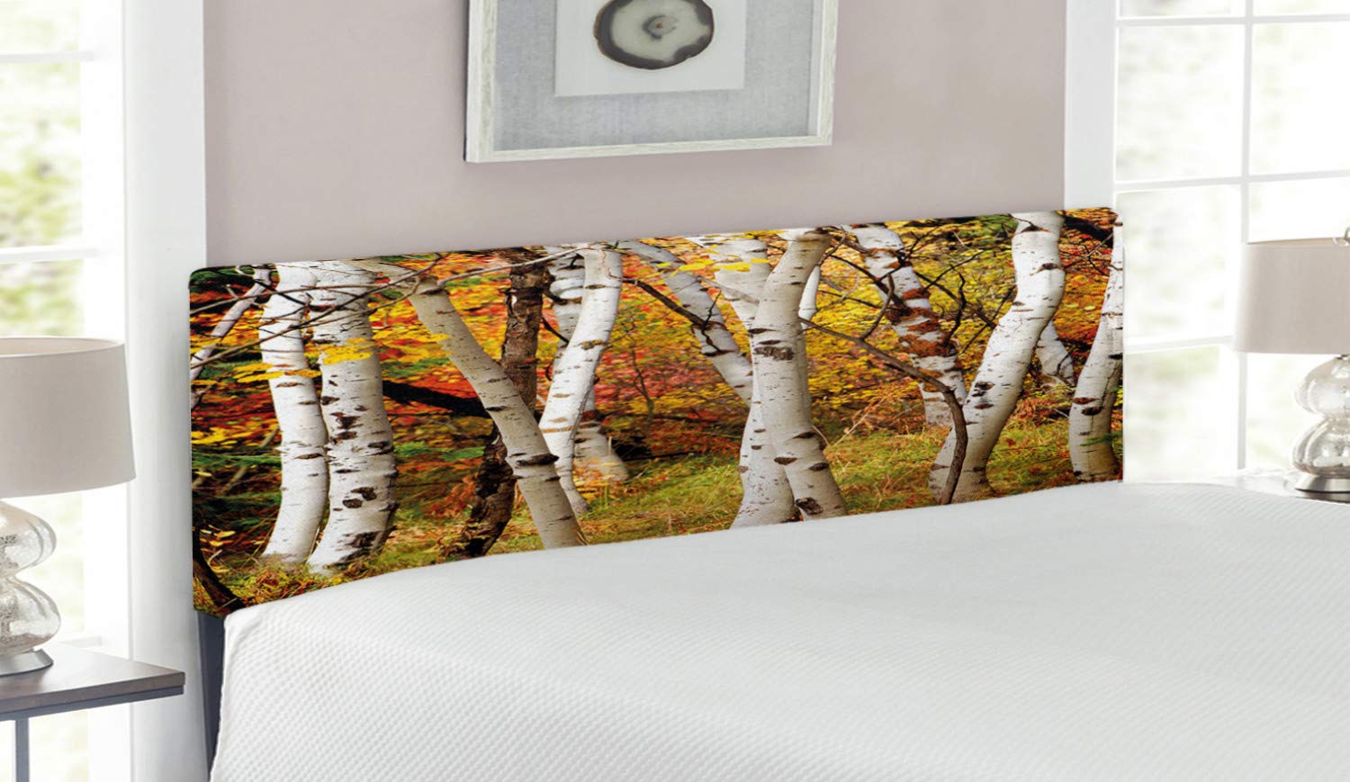 Ambesonne Queen Size Upholstered Headboard with Memory Foam - White Birch Trees Autumn Leaves Wilderness Print, Decorative Metal Bed Frame for Fall Bedroom Decor | Perfect for Cozy Autumn Nights & Nature-Inspired Home Design