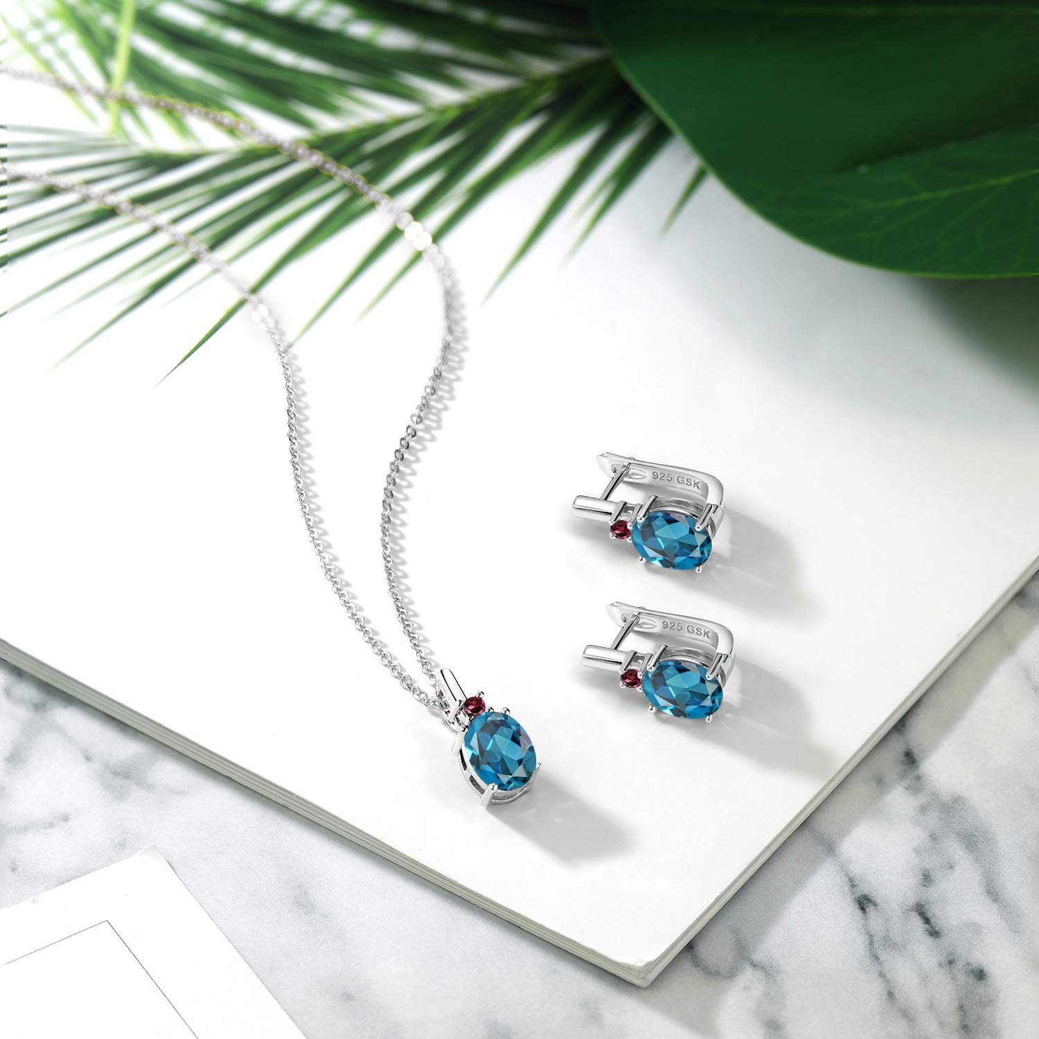 5.49 Ct London Blue Topaz & Red Rhodolite Garnet 925 Sterling Silver Pendant & Earrings Jewelry Set - Gem Stone King - Elegant Gift for Anniversary, Birthday & Special Occasions