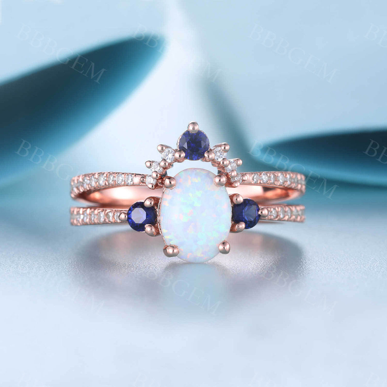 Antique Vintage Style Sapphire Opal Bridal Ring Set with Diamond Accents - Matching Wedding Band & Engagement Ring for Women - Perfect for Bridal Jewelry, Anniversary Gifts & Special Occasions