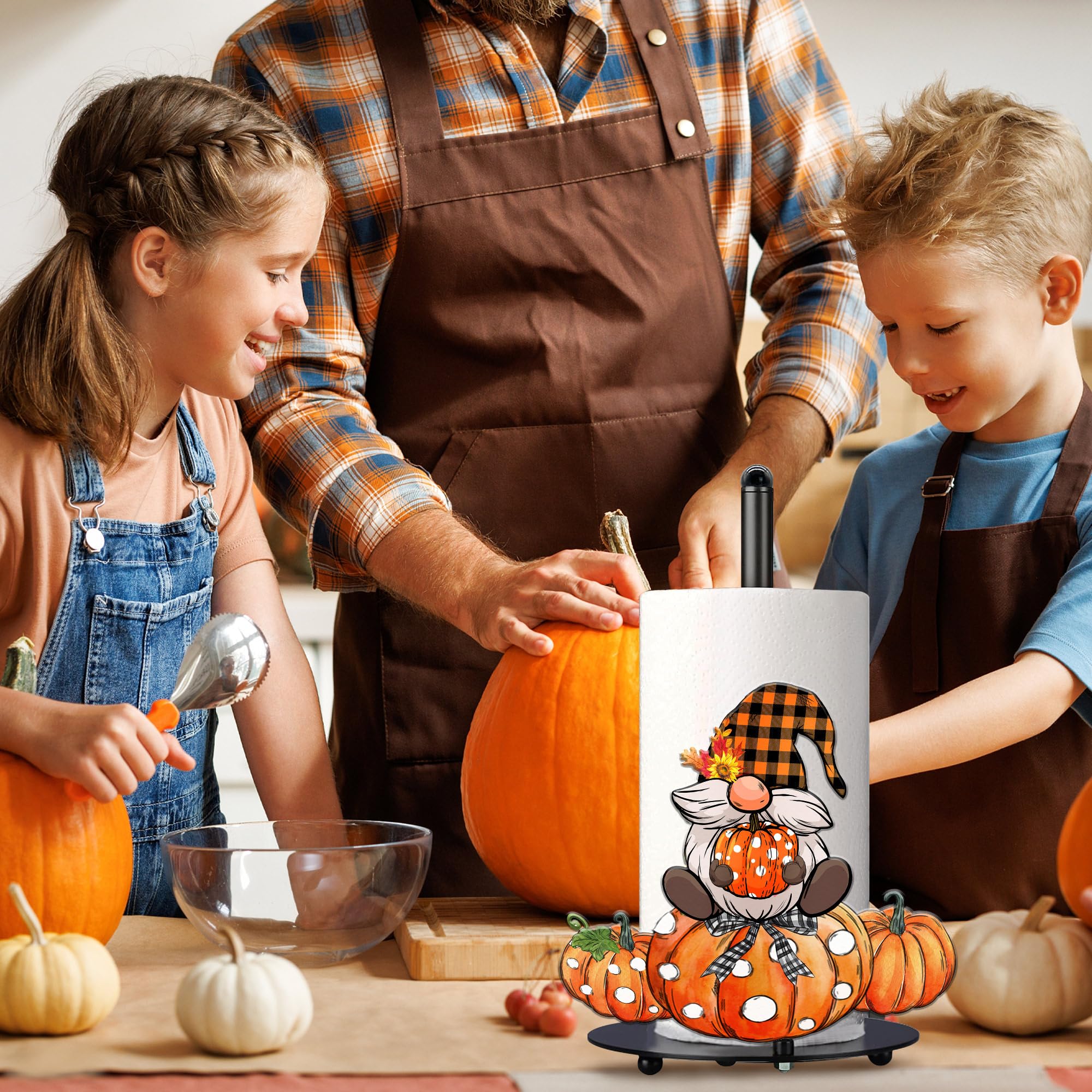 HexaGram Fall Paper Towel Holder - Rustic Farmhouse Kitchen Decor with Pumpkins & Gnomes, Large Countertop Towel Stand (13.4