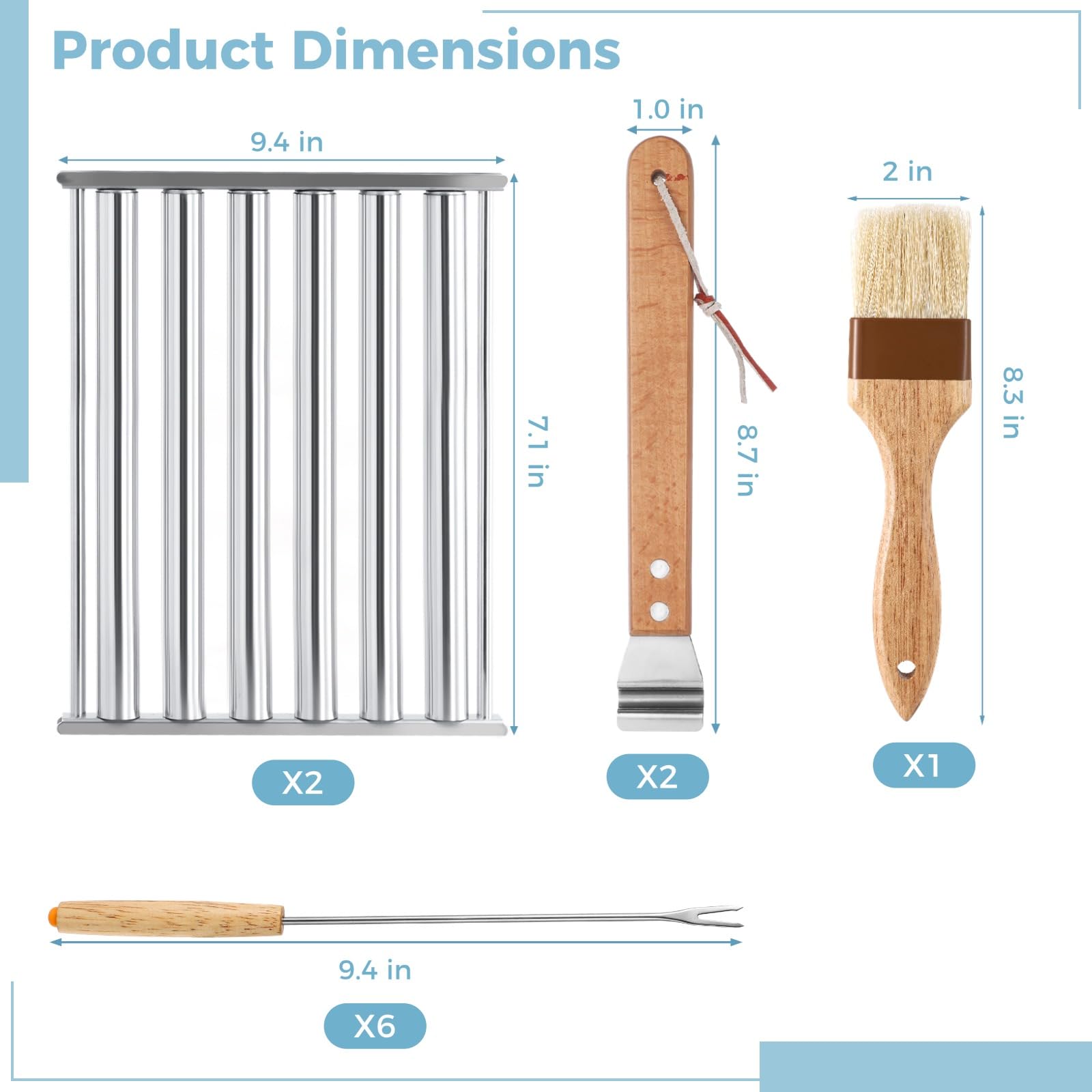 2PCS Stainless Steel Hot Dog Roller Grill with 6PCS BBQ Skewers & Sauce Brush - 9.4 x 7.1 Inch BBQ Sausage Roller Rack with Wood Handle, Perfect for Backyard Grilling, Camping, and Outdoor Barbecue Parties