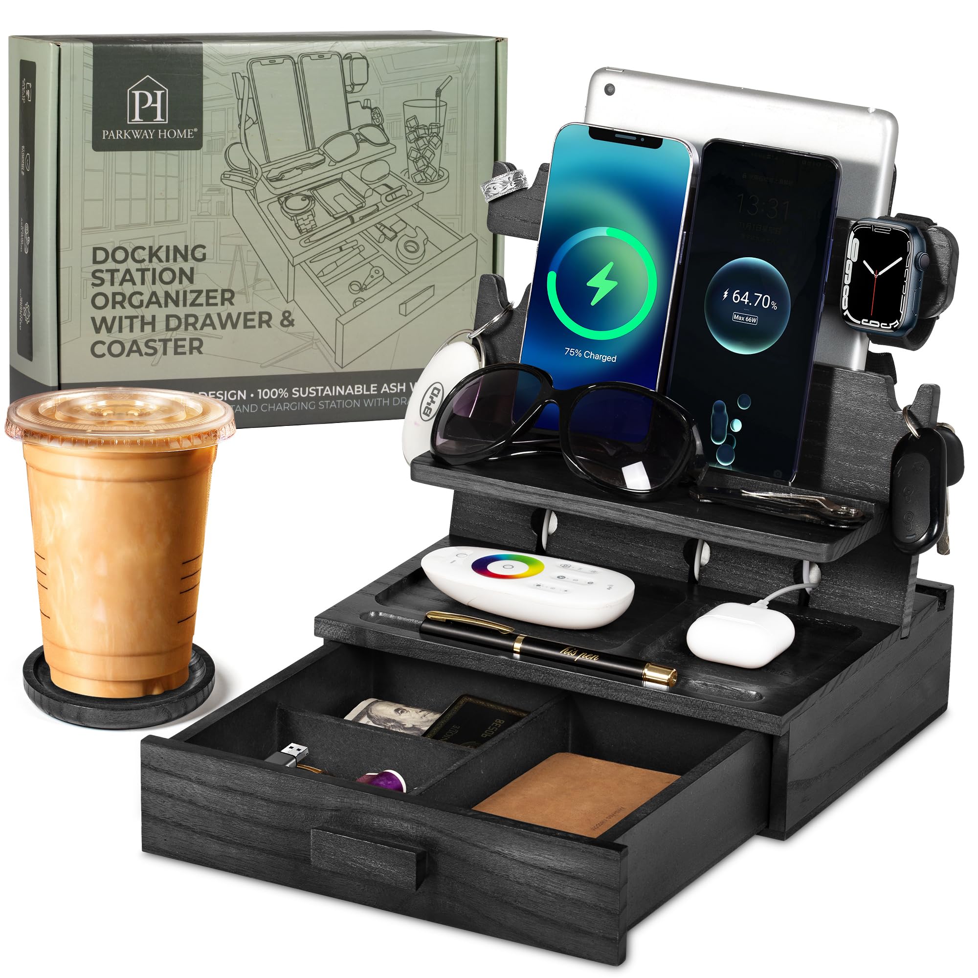 Black Wood Phone Dock for 3 Phones - Nightstand Organizer for Phones, Keys, Watches - Perfect for Bedroom & Office