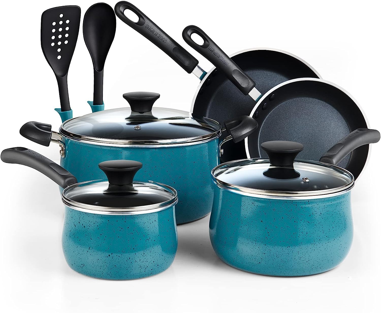 Cook N Home 10-Piece Nonstick Pots and Pans Set - Induction Compatible Belly Shape Cookware with Frying Pans & Saucepans in Turquoise | Perfect for Everyday Cooking, Family Meals & Professional Kitchens