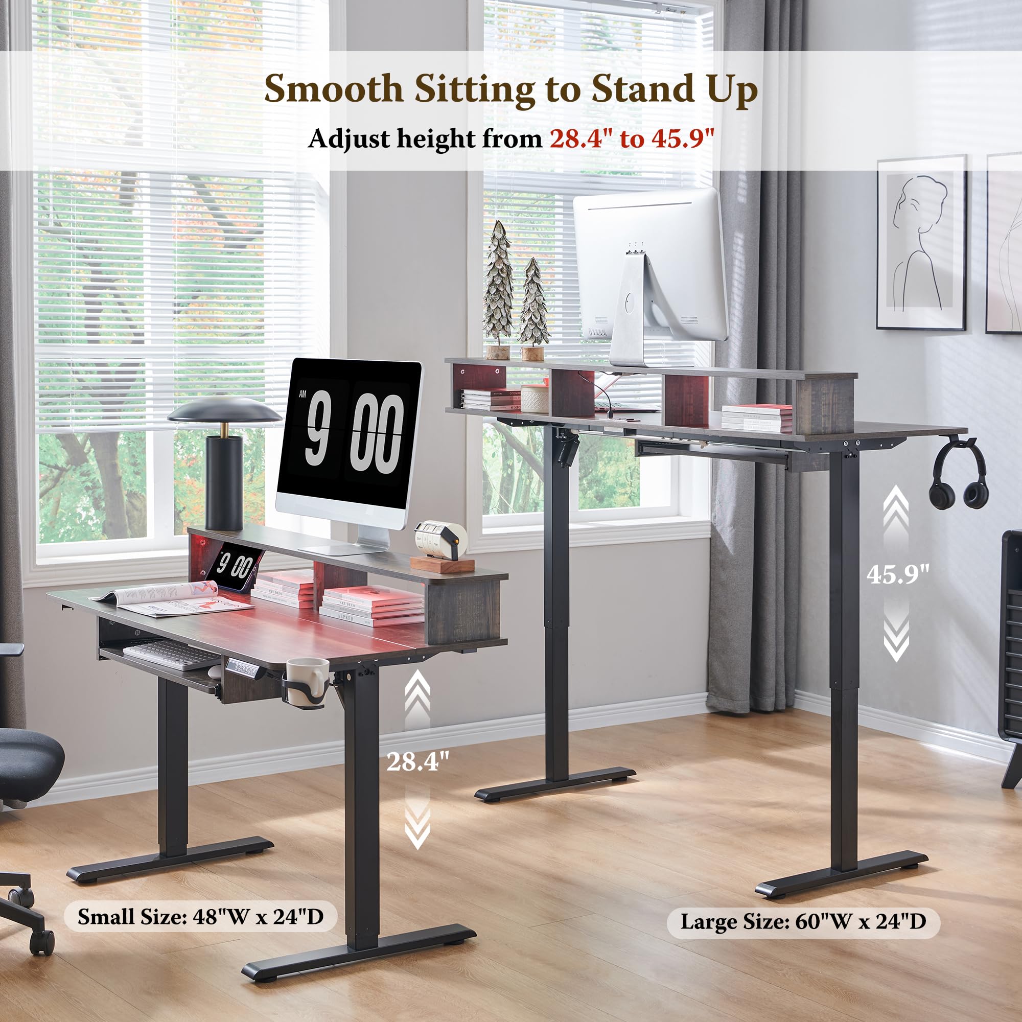 RedLemon 48 Inch Electric Standing Gaming Desk - Height Adjustable Computer Desk with Power Outlets, LED Lights, Keyboard Tray & Monitor Shelf - Dark Rustic Oak Finish for Home Office & Gaming Setup