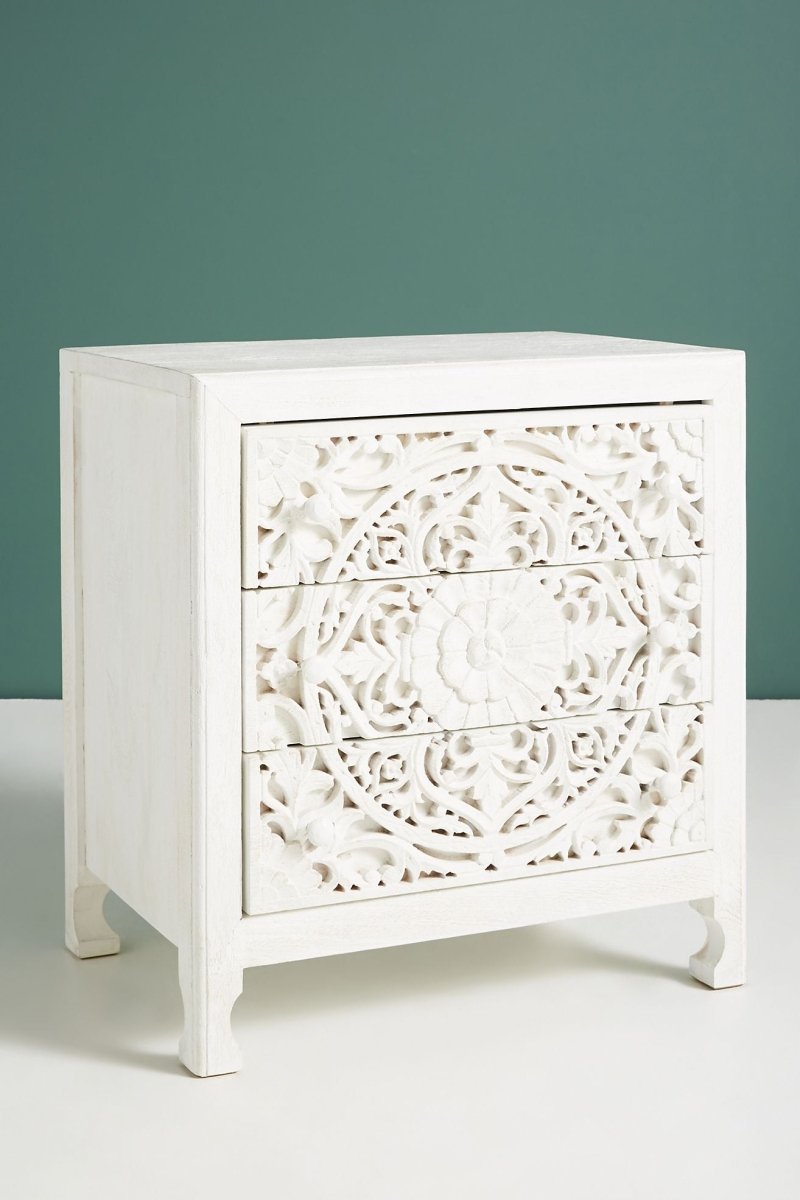 Hand Carved Lombok Three Drawer Nightstand - Solid Wood Bedside Table with Storage | Perfect for Bedroom, Guest Room & Apartment Furniture